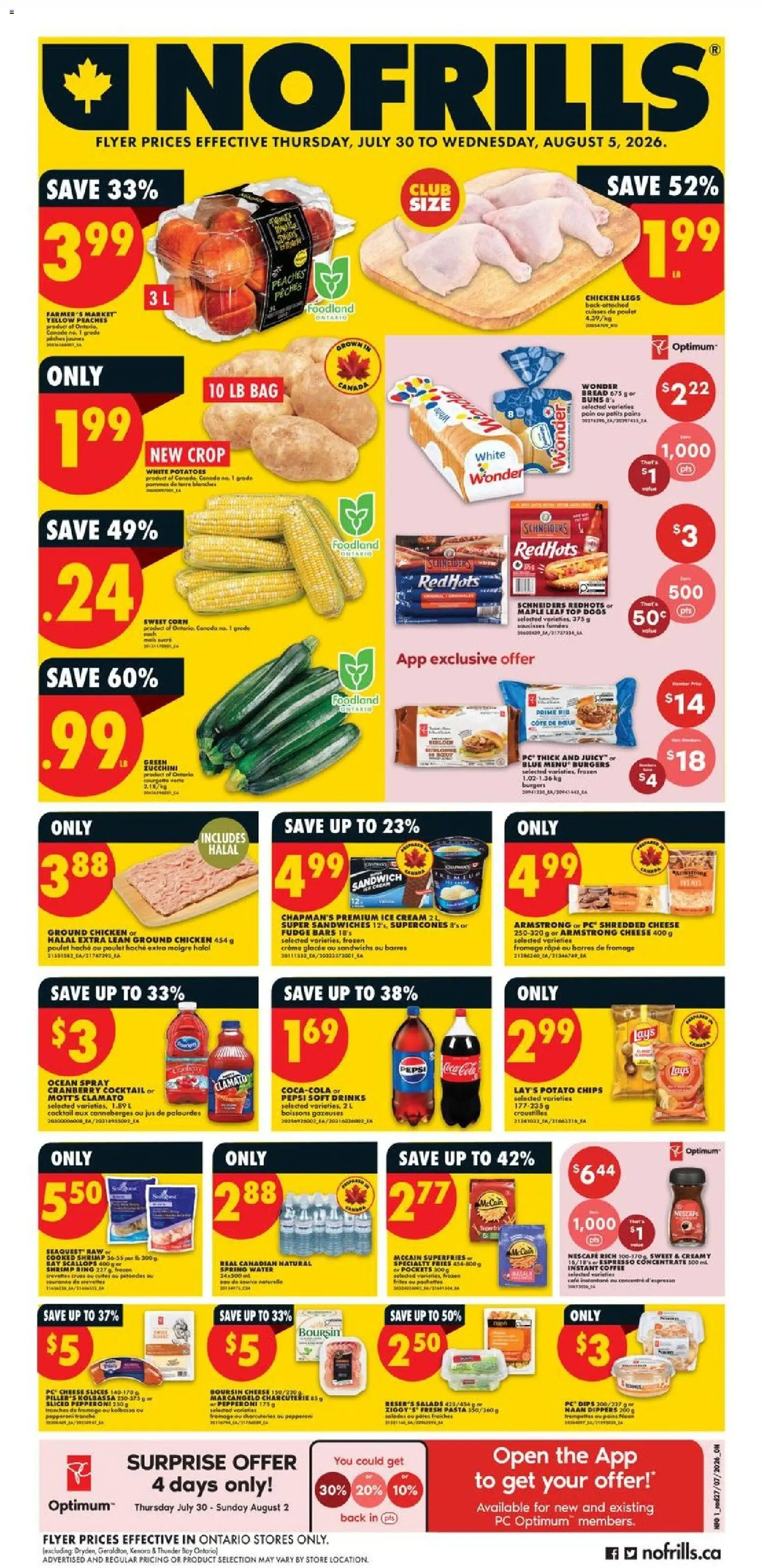 No Frills flyer valid from Jul 30, 2026 | Page: 1 | Products: Pasta, Chips, Potatoes, Cheese