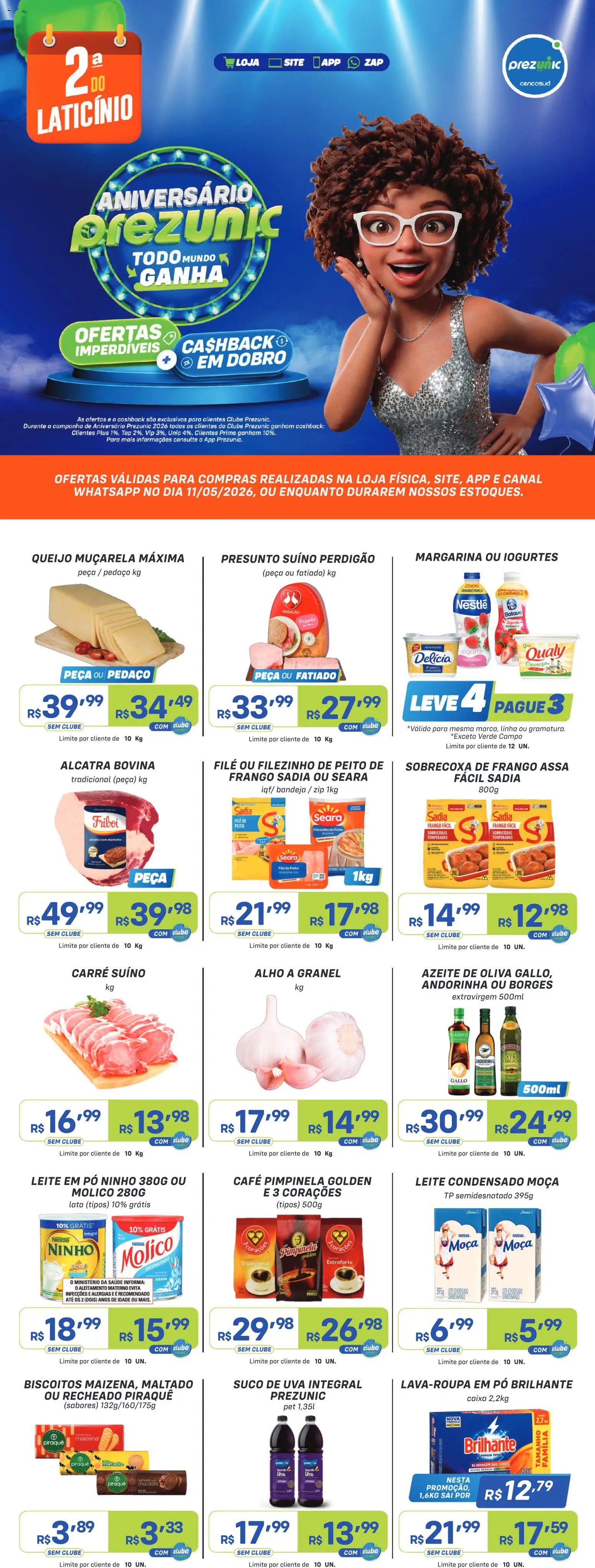 Prezunic Folheto - válido de 11.05.2026 | Página: 1 | Produtos: Alho, Alcatra, Leite, Frango
