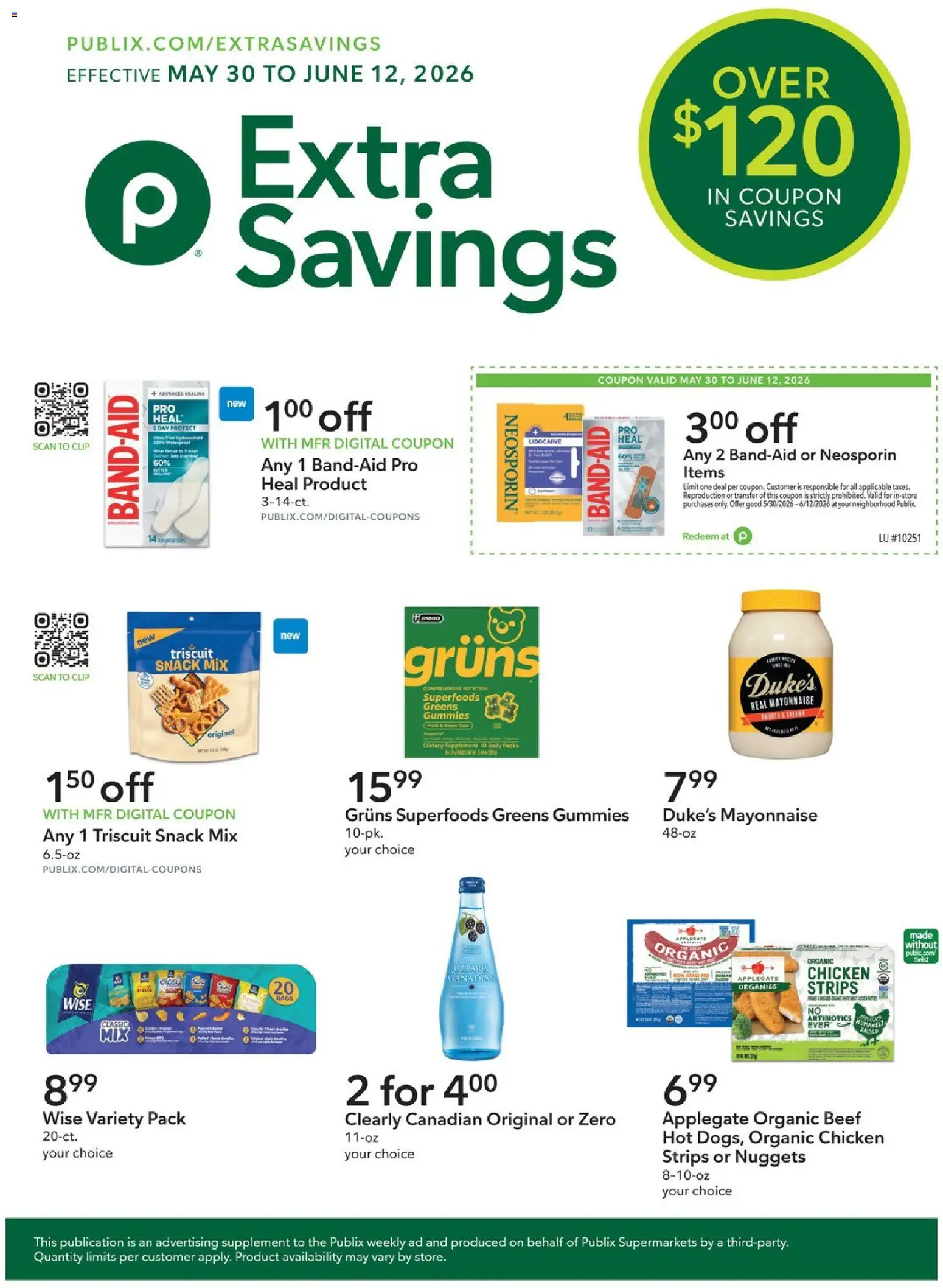 Publix Extra Savings - valid from 30.05.2026 | Page: 1 | Products: Clip, Beef, Mayonnaise, Greens