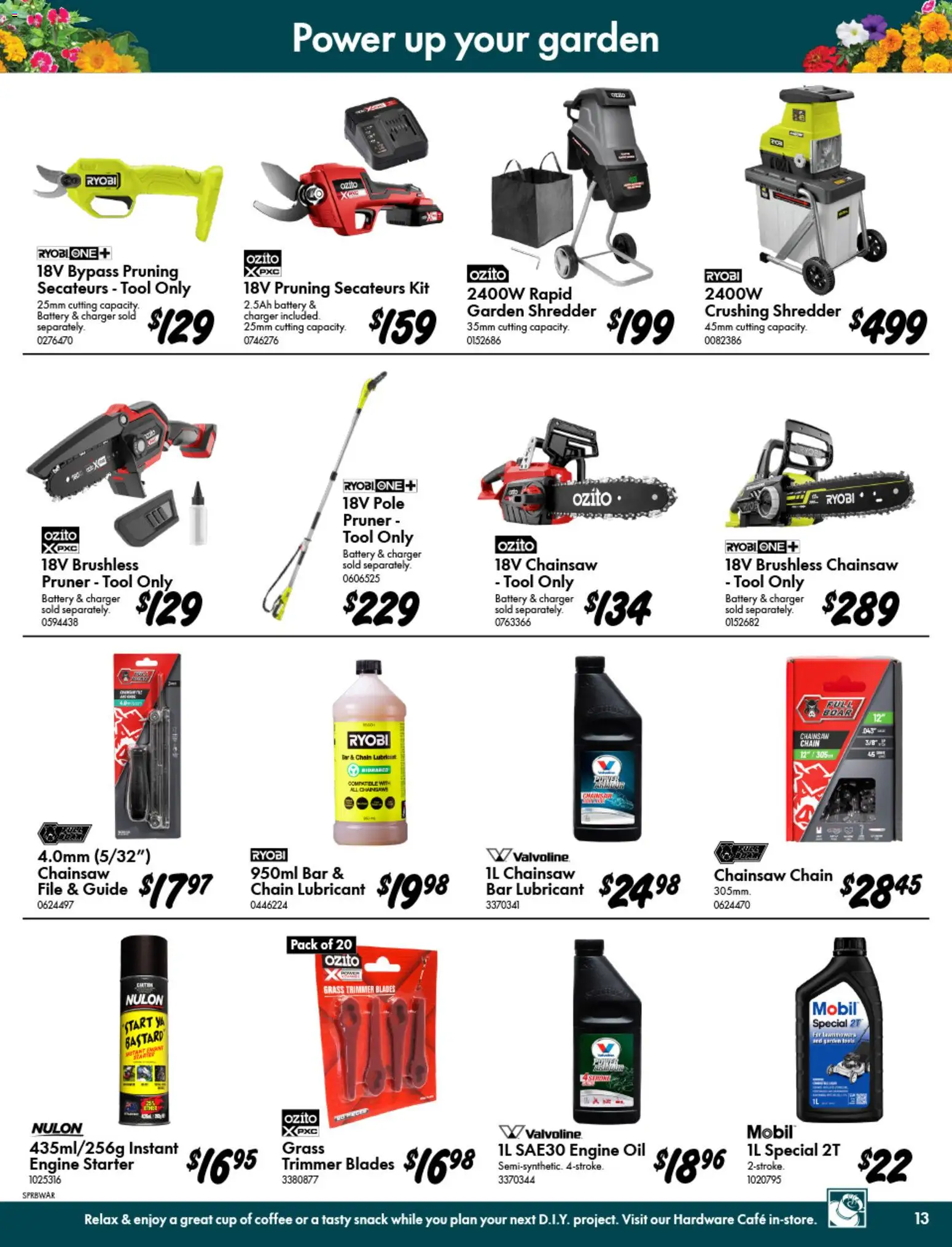 Bunnings Warehouse catalogue - valid from 09/09/2026 | Page: 13 | Products: Charger, Pruning, Lubricant, Shredder