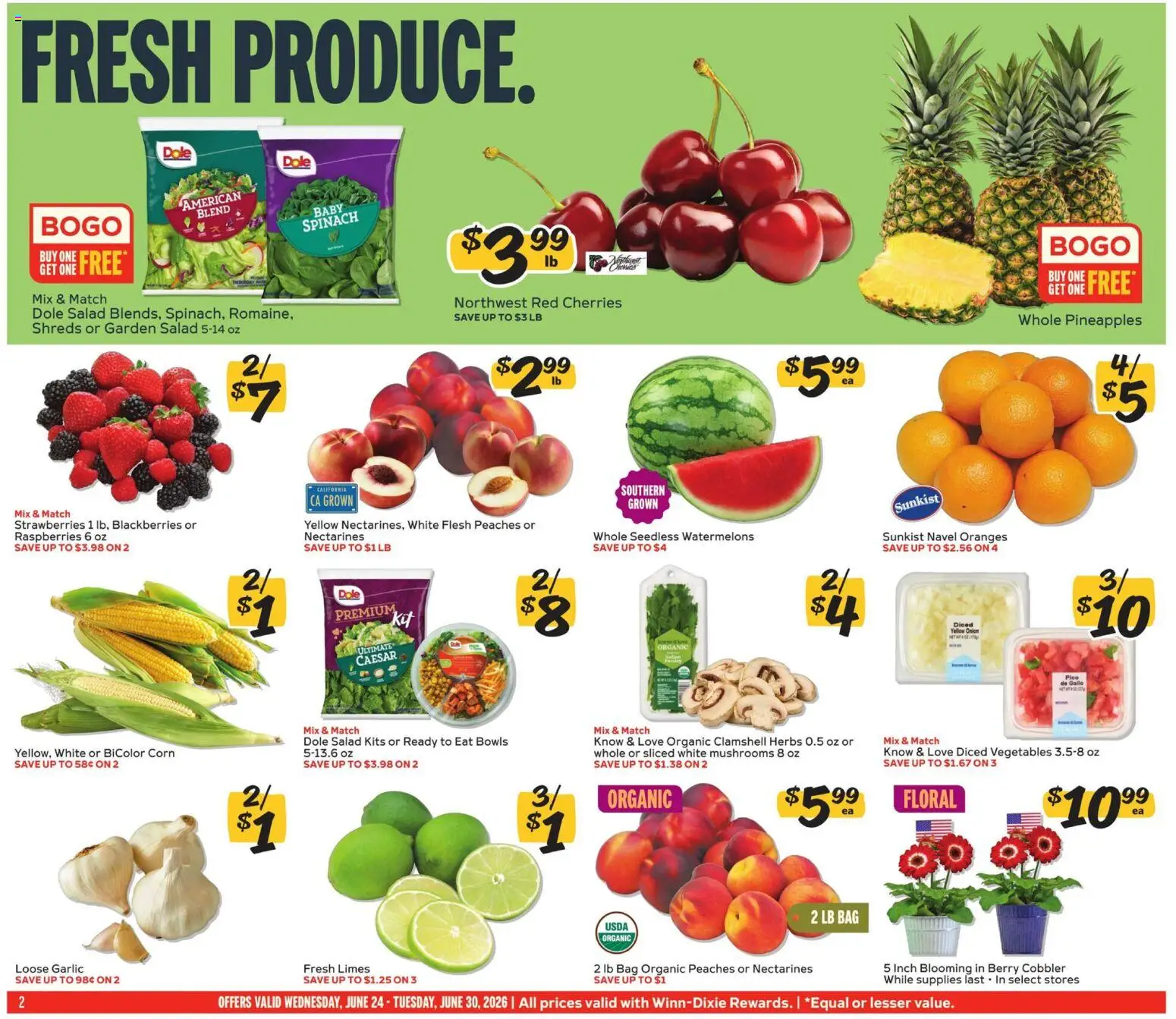 Winn Dixie Weekly Ad - valid from 06/24/2026 | Page: 2 | Products: Peaches, Mushrooms, Oranges, Bag