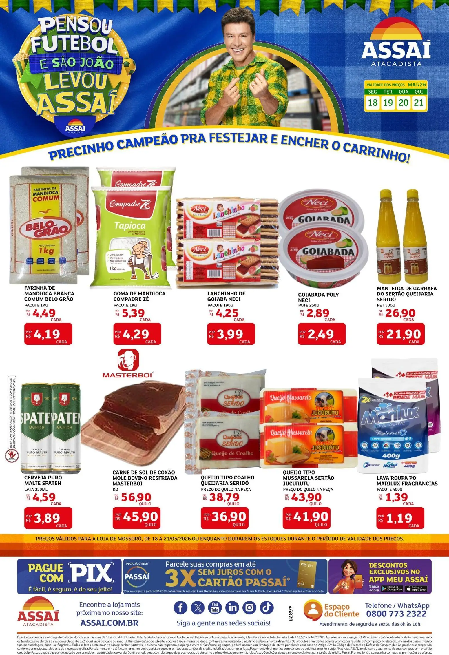 Assaí Atacadista Folheto - válido de 18.05.2026 | Página: 1 | Produtos: Farinha de mandioca, Cerveja, Carne, Telefone