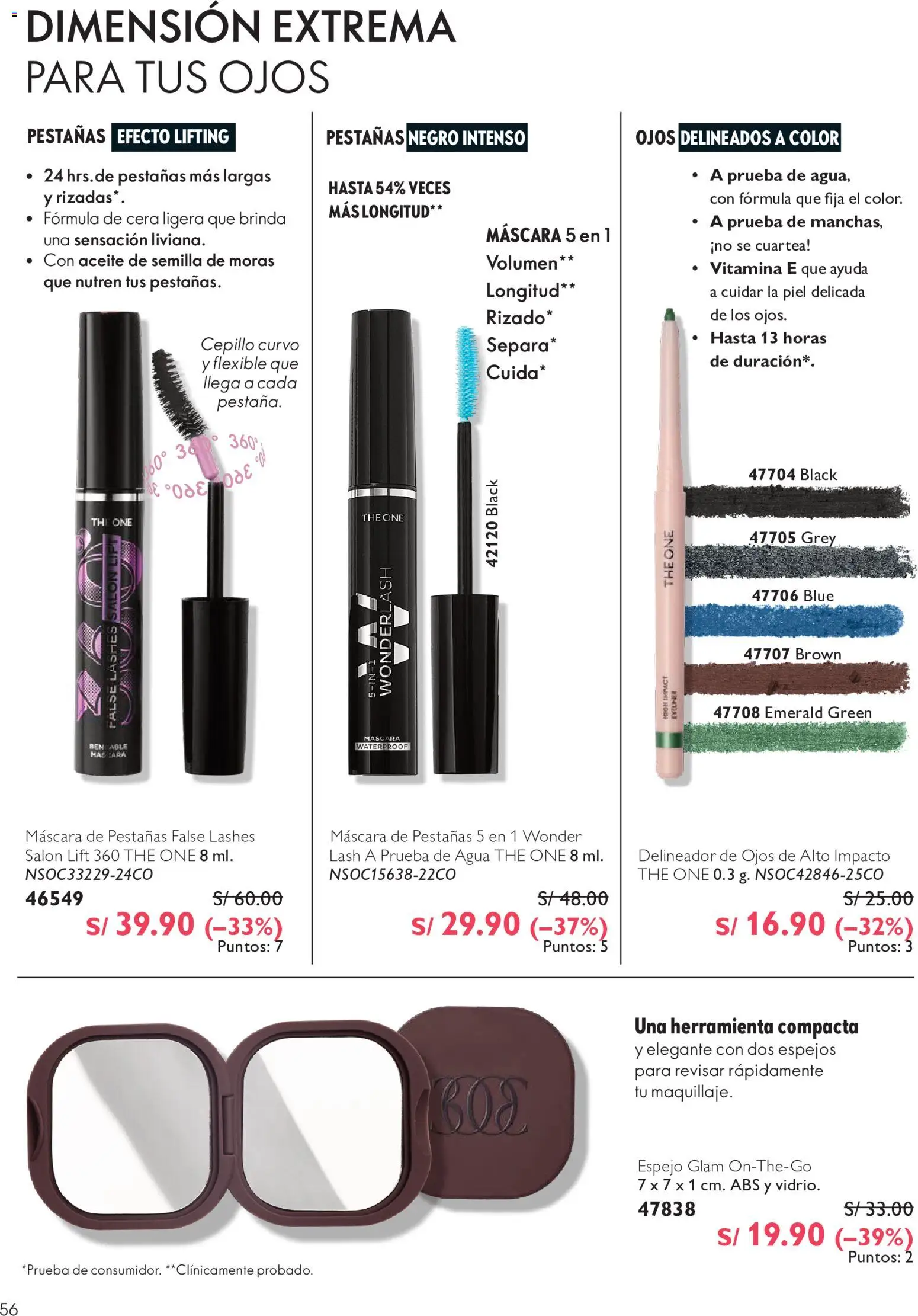 Catálogo Oriflame válido desde 01/08/2026 | Página: 56 | Productos: Máscara, Delineador, Espejo, Aceite