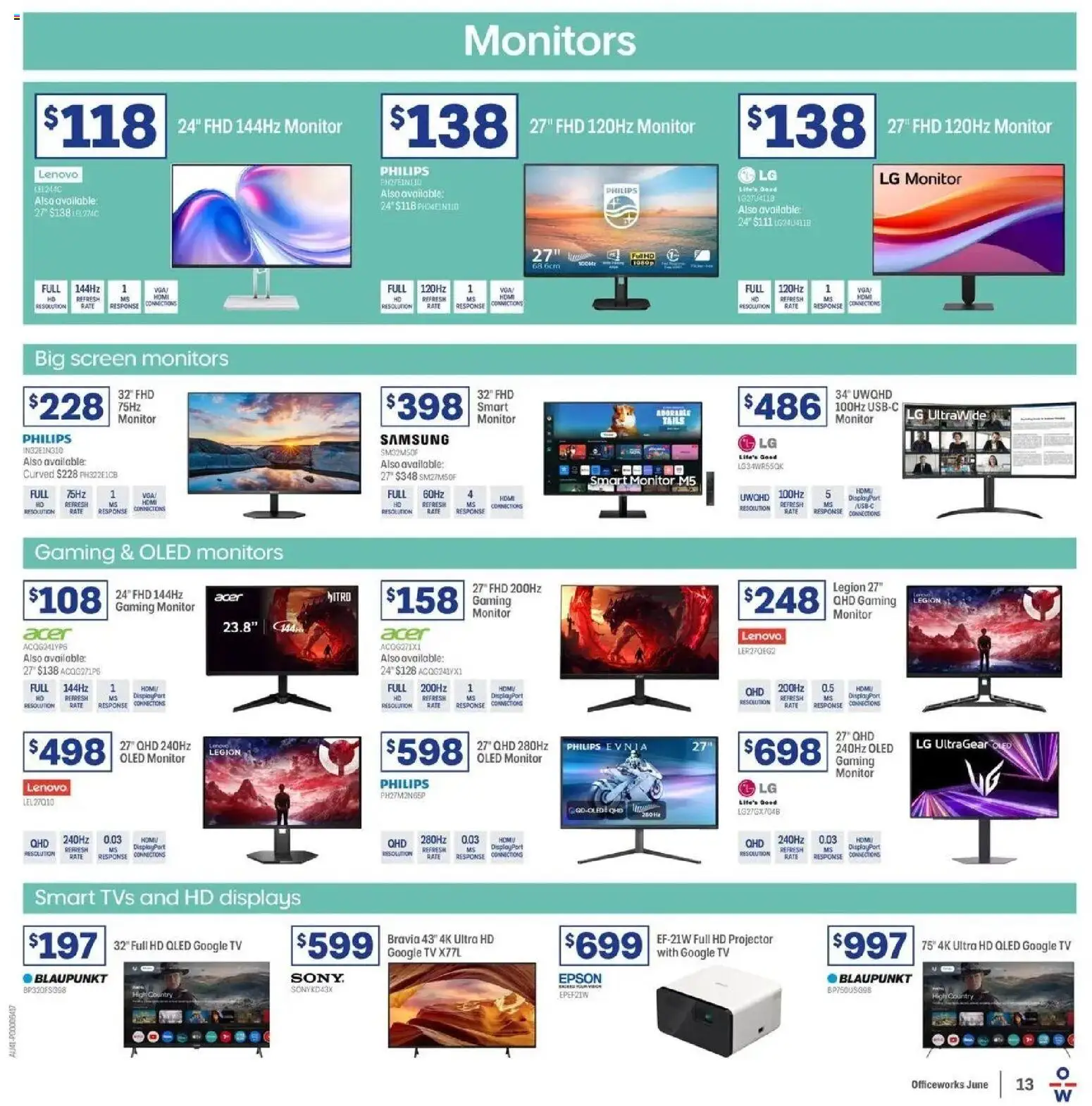 Officeworks catalogue - valid from 11.06.2026 | Page: 13 | Products: Monitor, Tv, Projector, Screen