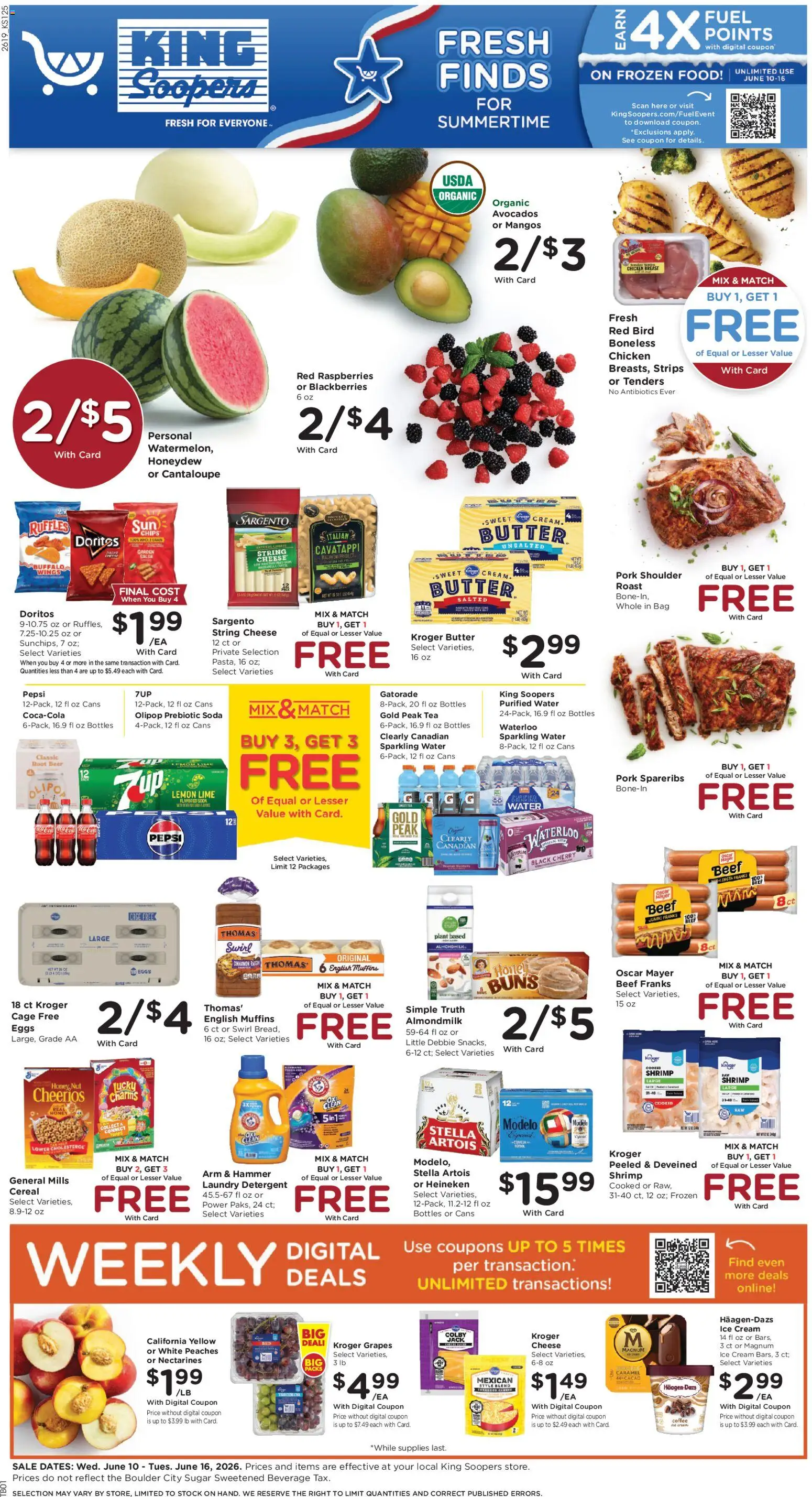 King Soopers Weekly Ad - valid from 10.06.2026 | Page: 1 | Products: Peaches, Pork, Ice cream, Water