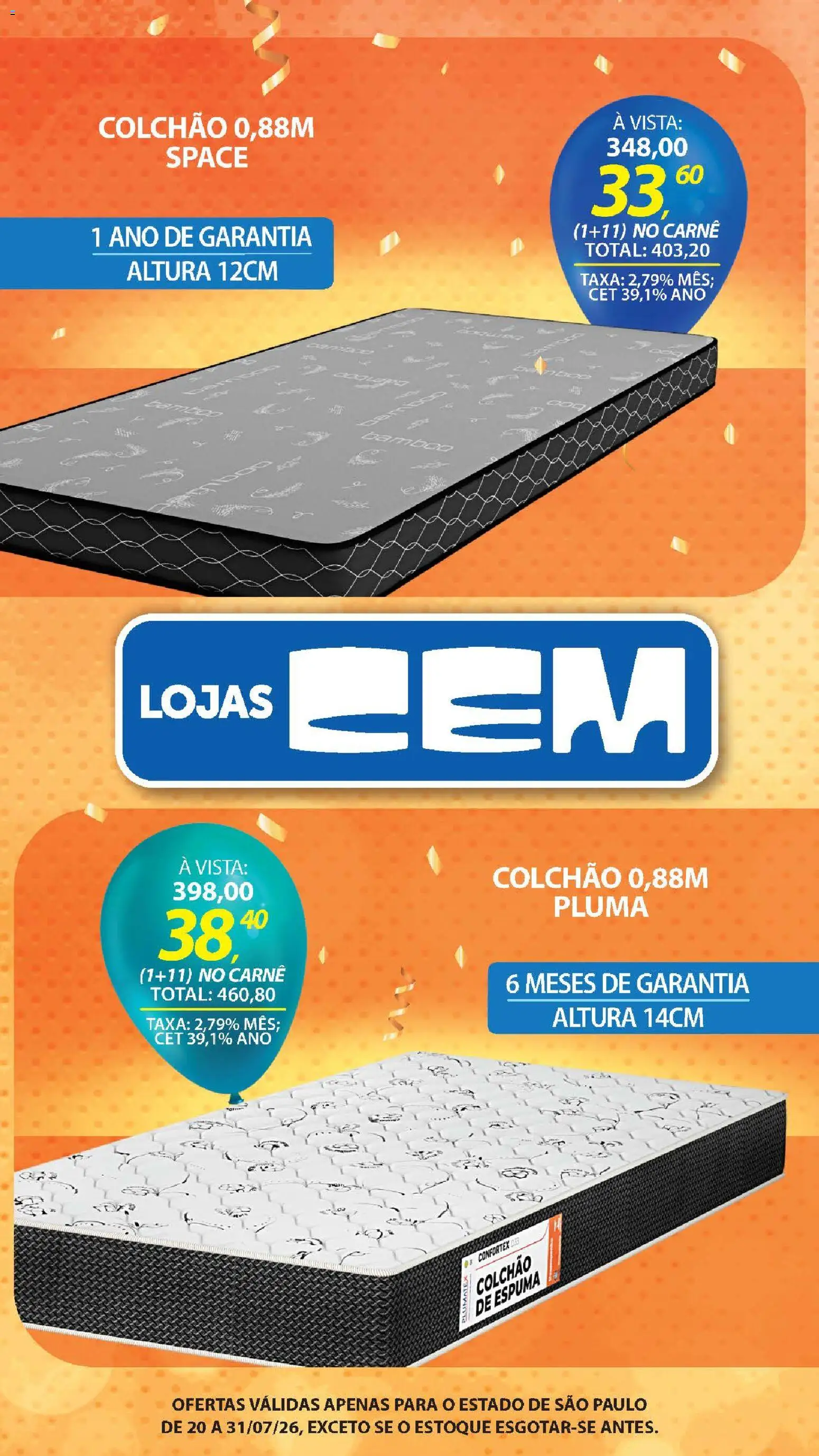 Lojas Cem Folheto - válido de 20/07/2026 | Página: 99 | Produtos: Colchão, Carne