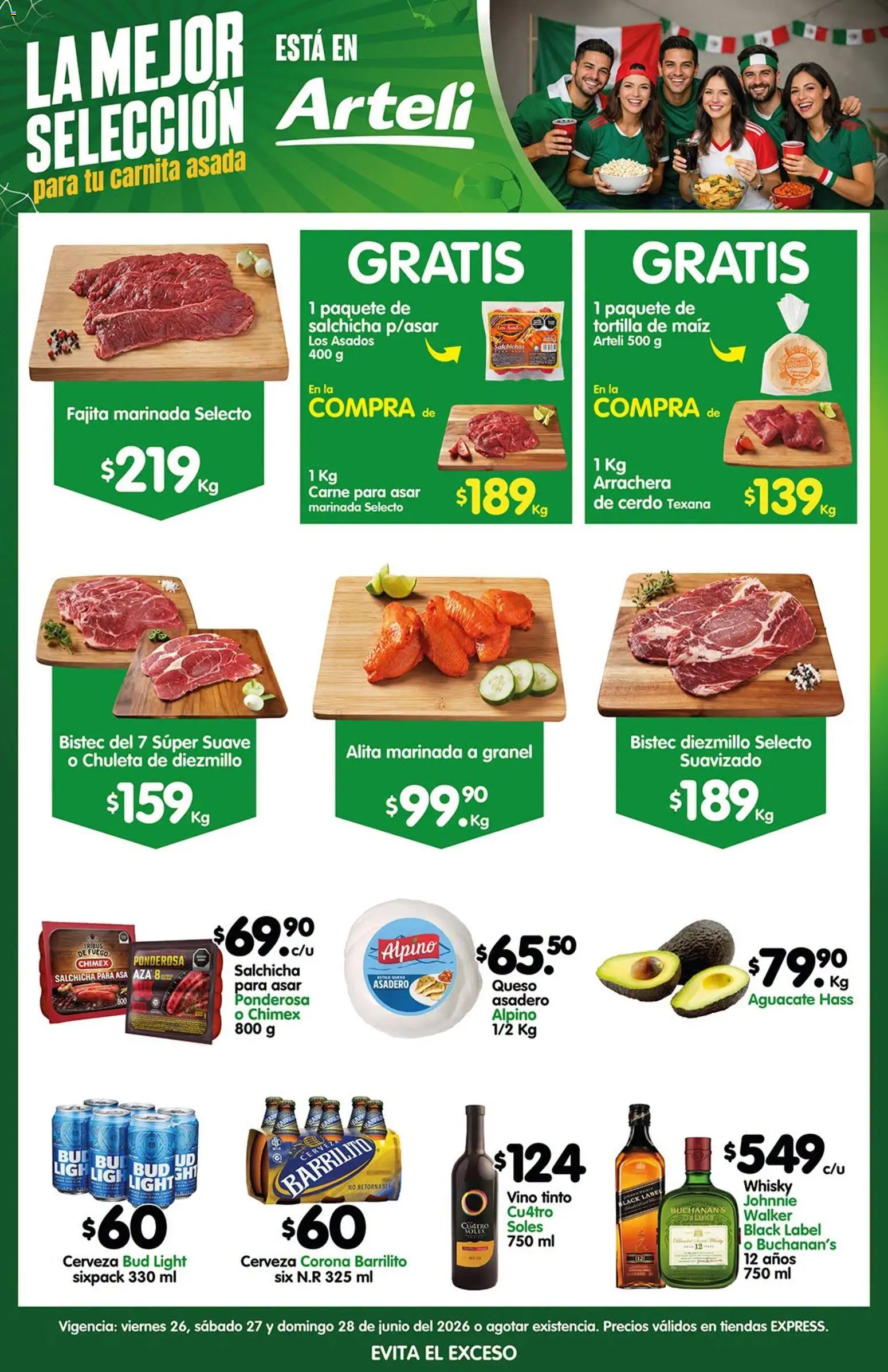 Nuevas ofertas de Arteli válidas en toda la República Mexicana desde el 26/06/2026. ¡Encuentra las mejores ofertas en Arteli folleto Carne Express! | Página: 1 | Productos: Maíz, Salchicha, Queso, Cerdo