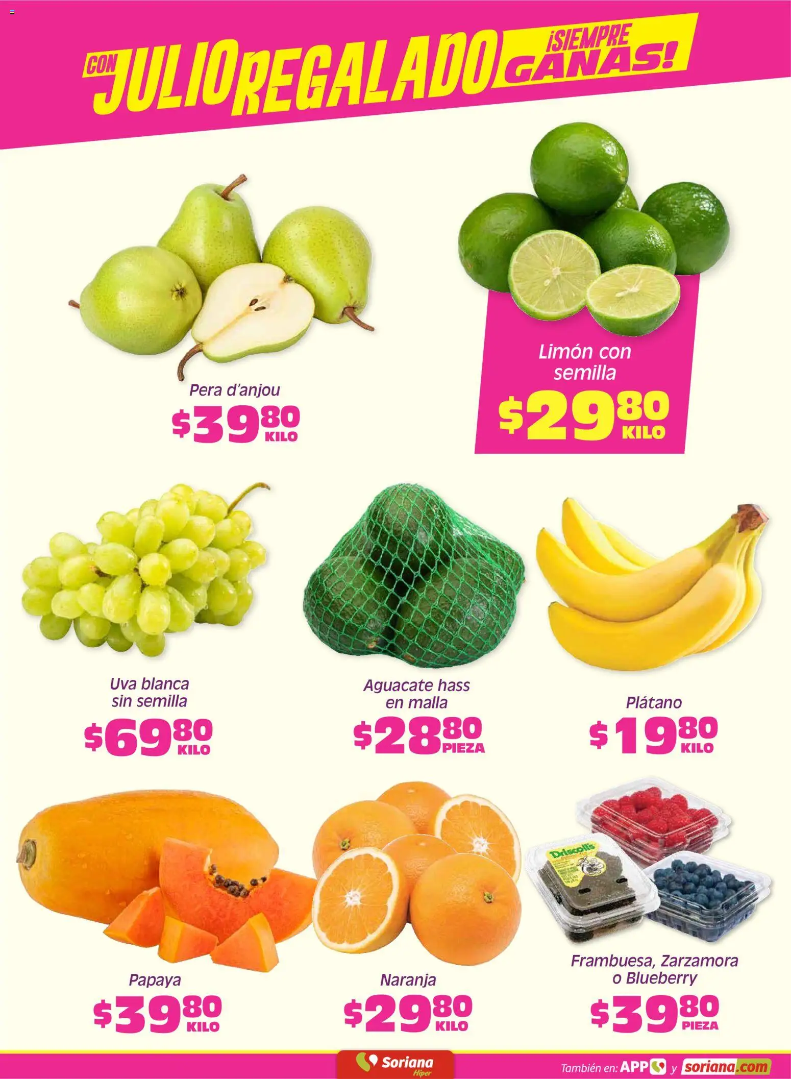 Nuevas ofertas de Soriana válidas en toda la República Mexicana desde el 10/07/2026. ¡Encuentra las mejores ofertas en Soriana Fin de Semana Híper: Saltillo y Torreón! | Página: 3 | Productos: Plátano, Limón, Uva, Malla