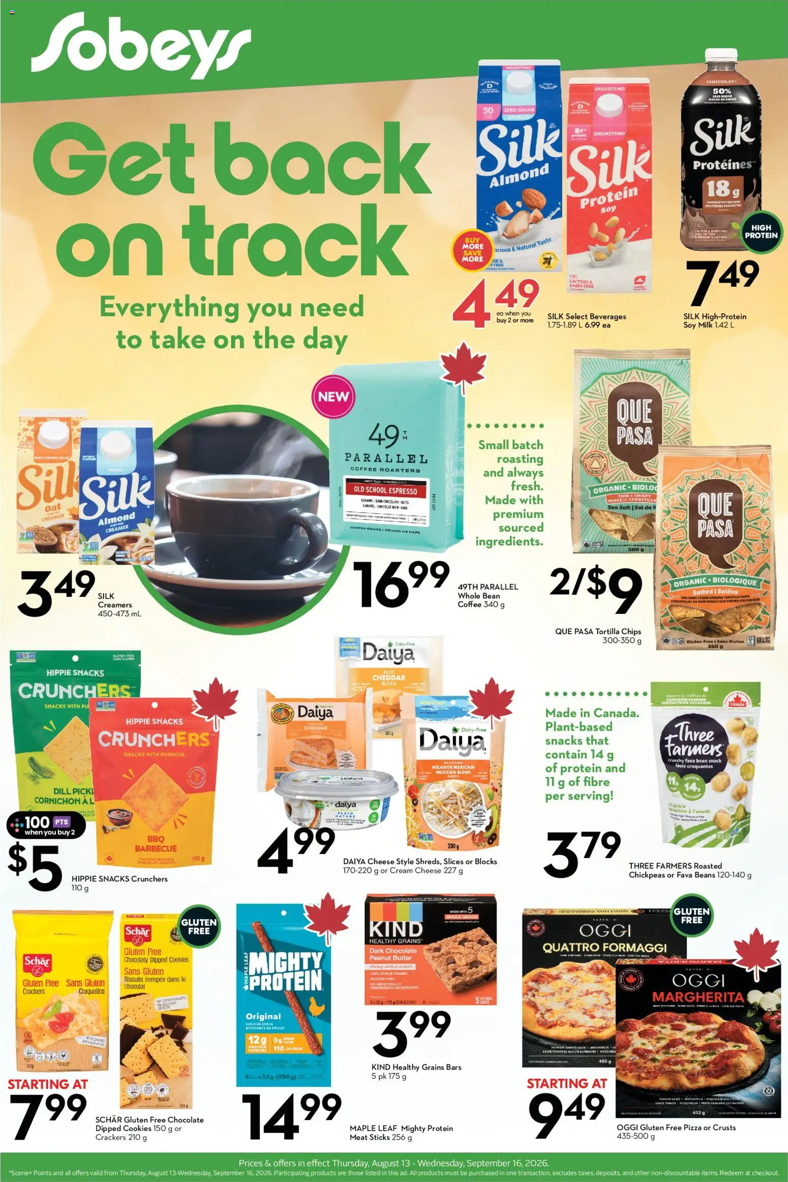 Sobeys flyer valid from Aug 13, 2026 | Page: 1 | Products: Mozzarella, Tortilla chips, Biscuits, Coffee