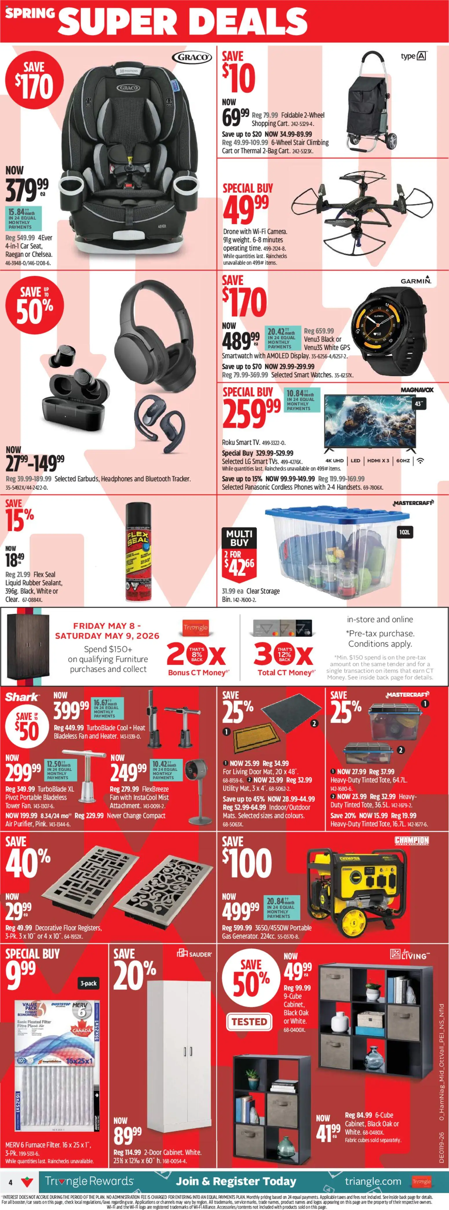 Canadian Tire flyer valid from 07.05.2026 | Page: 4 | Products: Headphones, Fan, Smartwatch