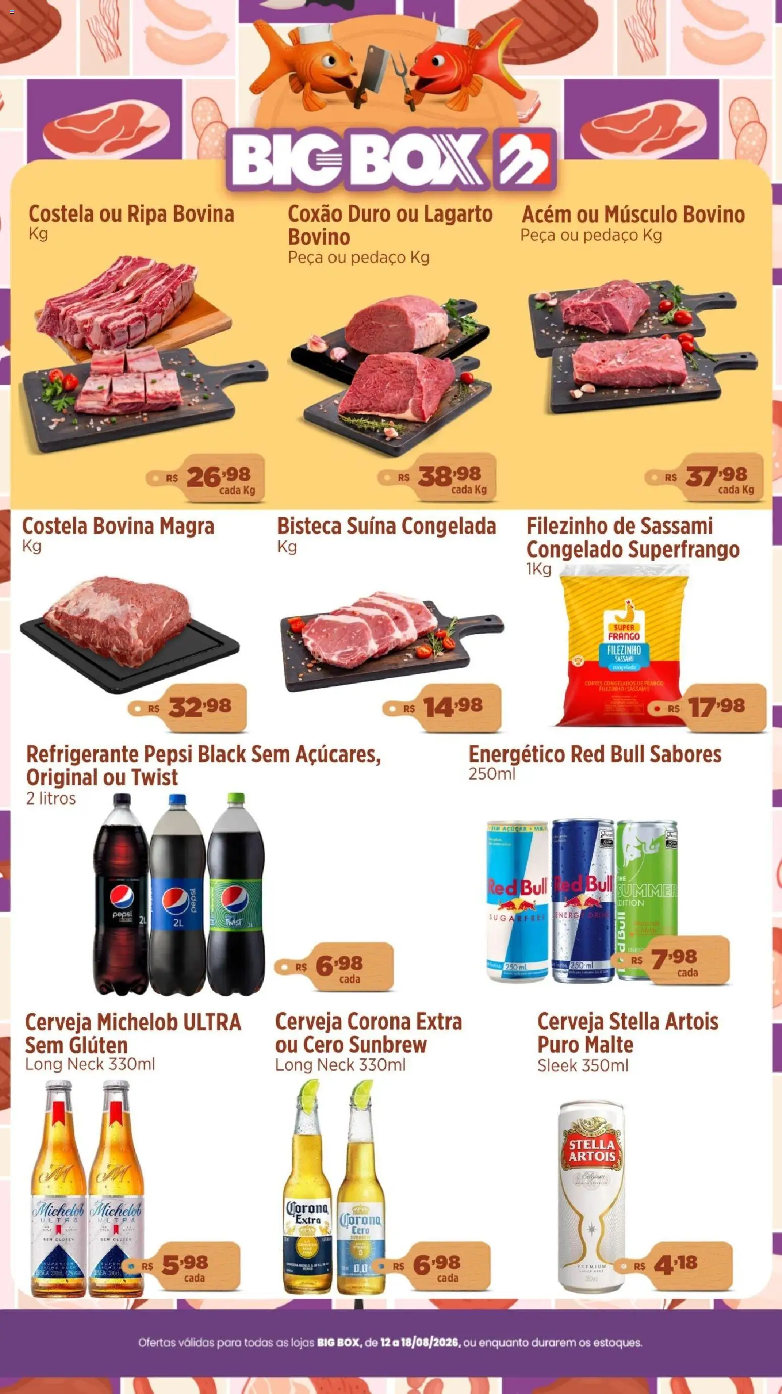 Big Box Folheto - válido de 12/08/2026 | Página: 1 | Produtos: Energético, Músculo bovino, Coxão duro, Acém