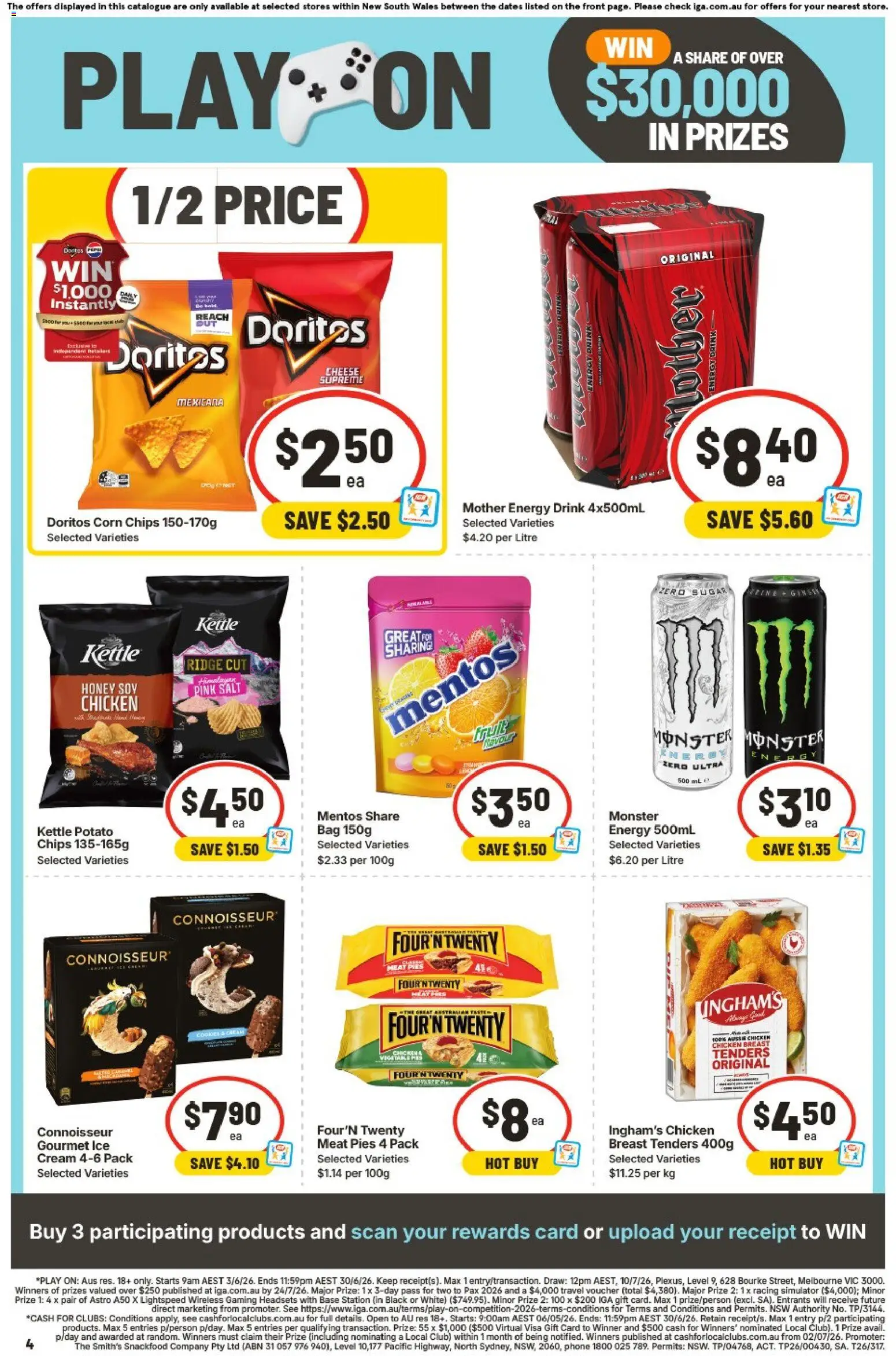 IGA catalogue - valid from 03.06.2026 | Page: 4 | Products: Energy drink, Honey, Salt, Pies