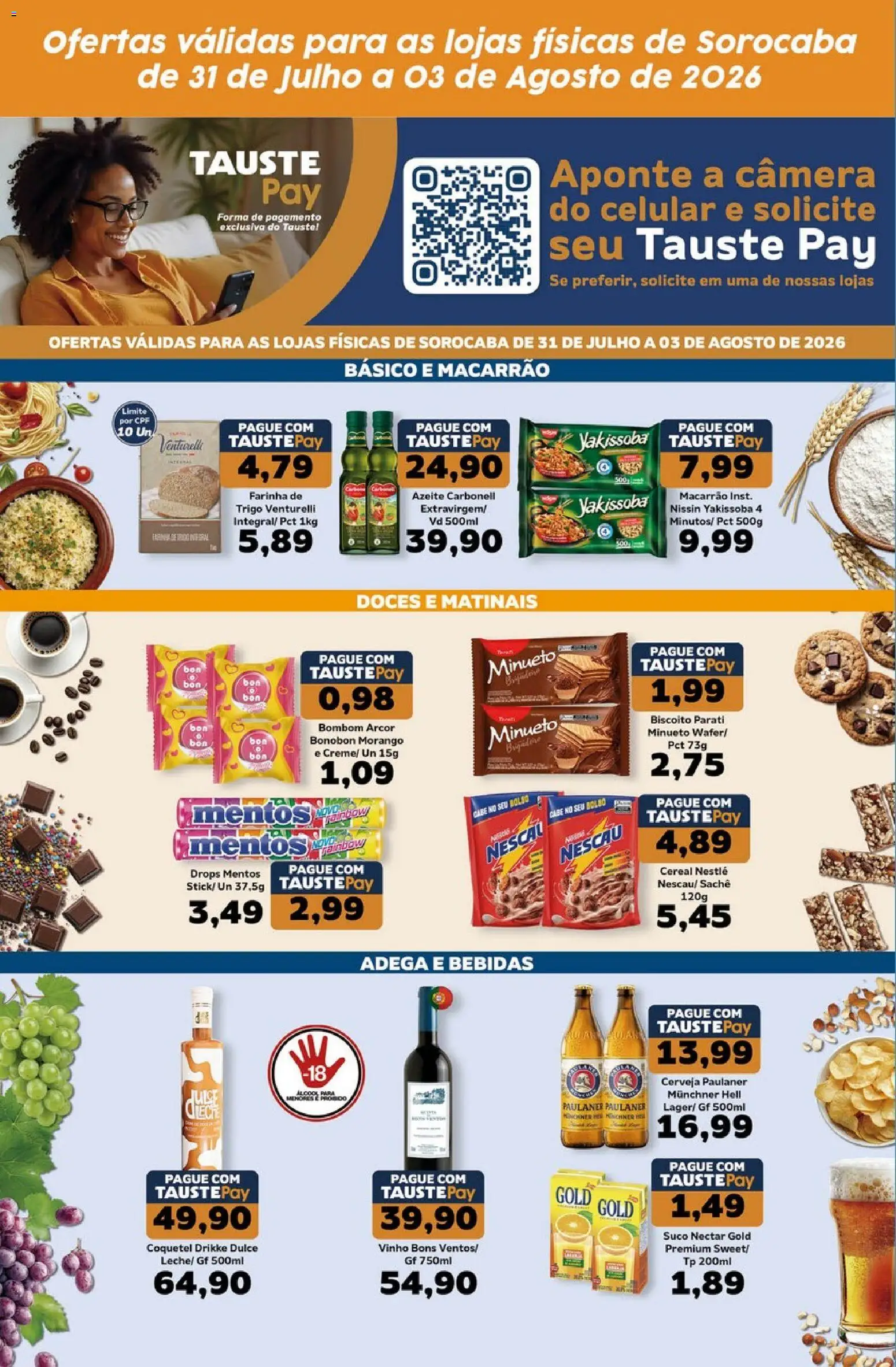 Tauste Folheto - válido de 31/07/2026 | Página: 1 | Produtos: Biscoito parati, Biscoito, Suco, Bombom