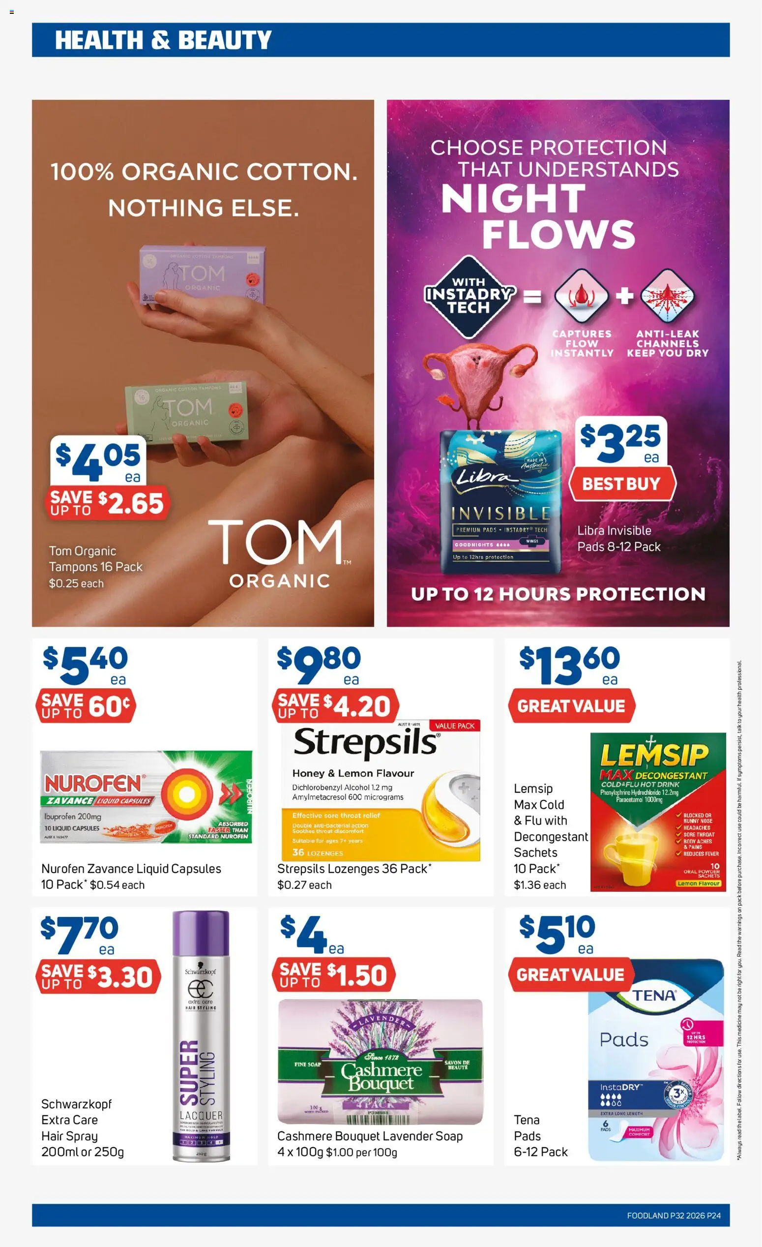 Foodland catalogue - valid from 05/08/2026 | Page: 24 | Products: Hair spray, Soap, Runny nose, Tampons