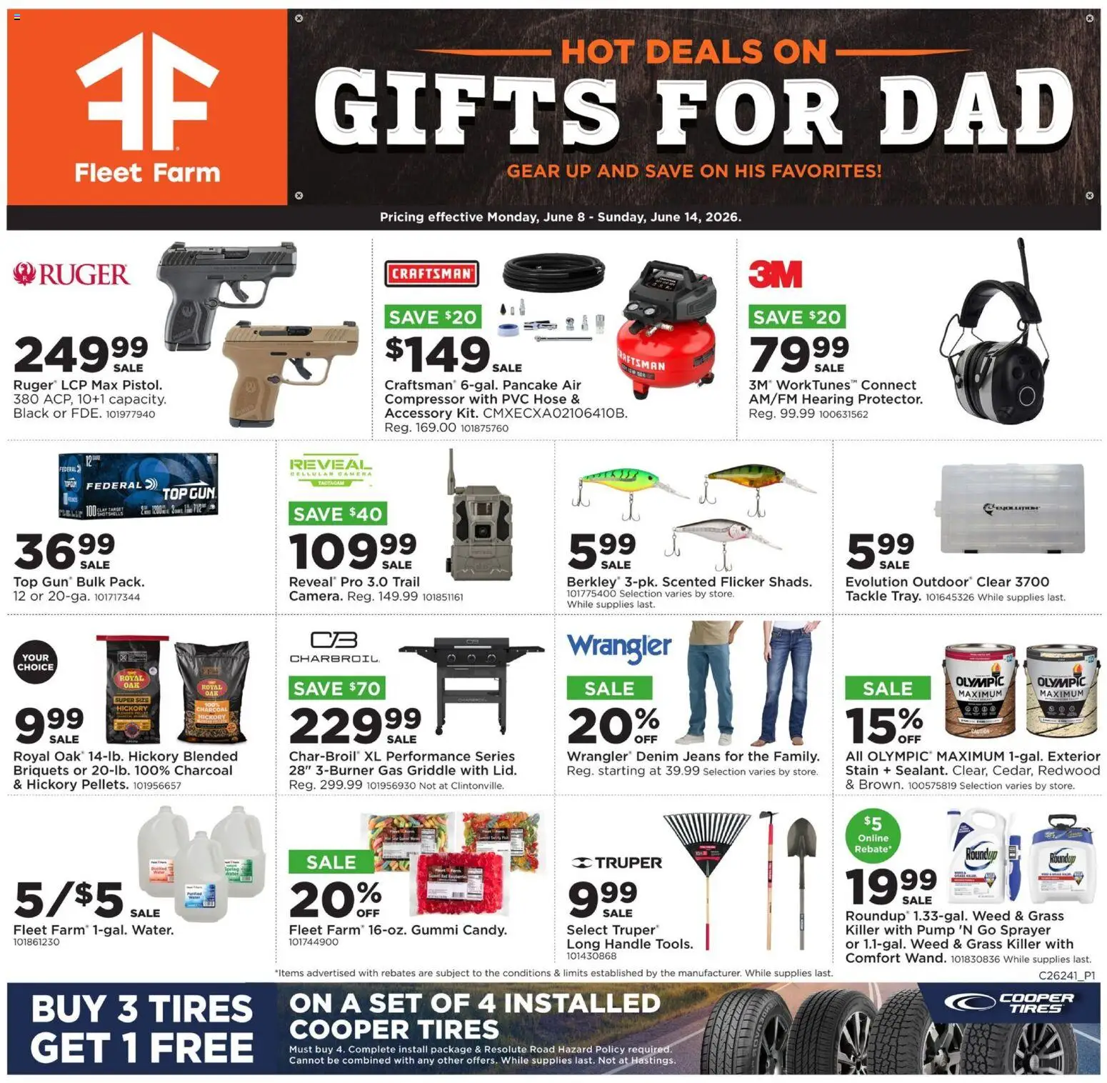 Mills Fleet Farm Weekly Ad - valid from 08.06.2026 | Page: 1 | Products: Compressor, Griddle, Jeans, Camera