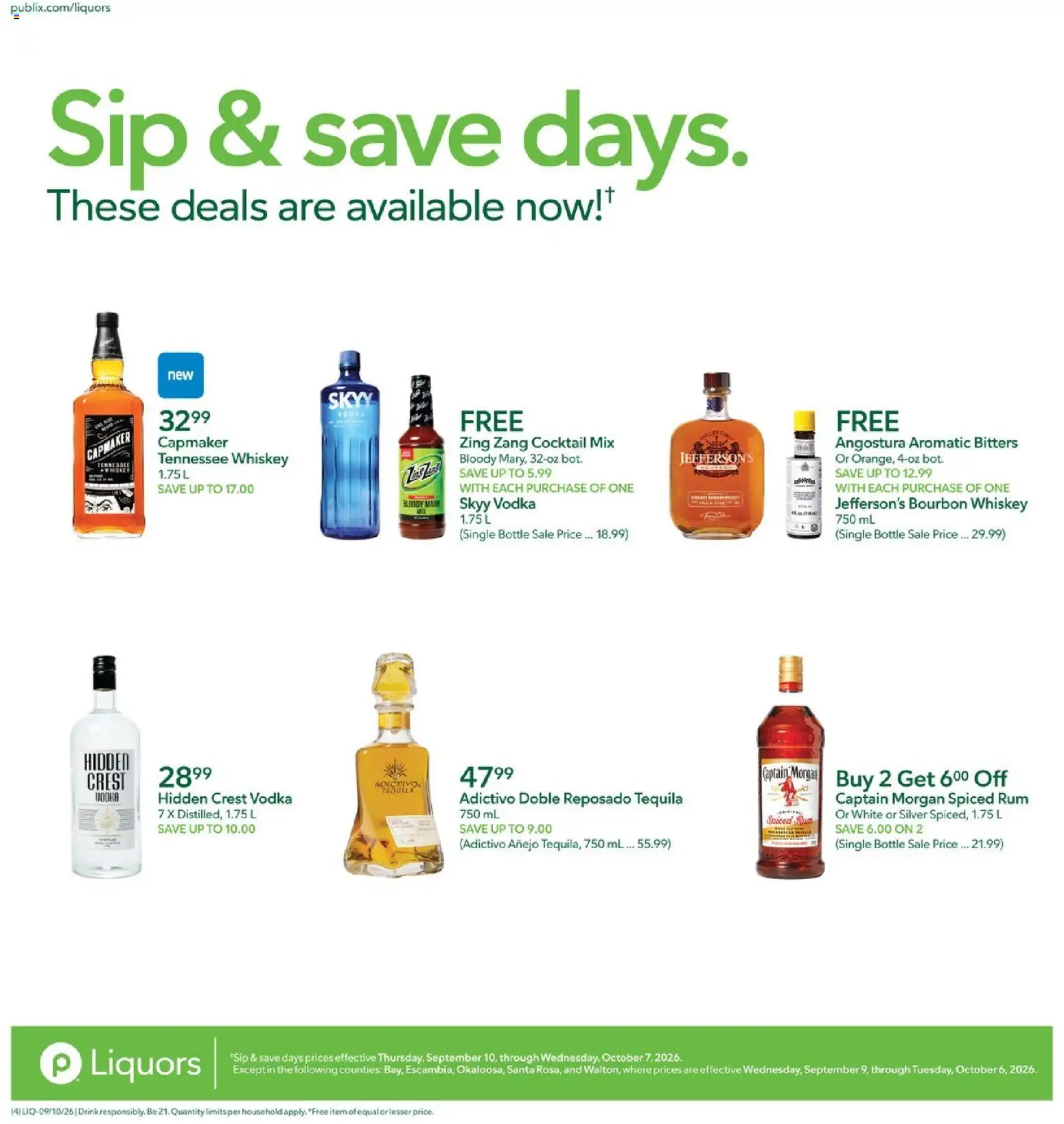 Publix Liquor Ad - valid from 09/10/2026 | Page: 4 | Products: Bourbon, Vodka, Whiskey, Captain Morgan