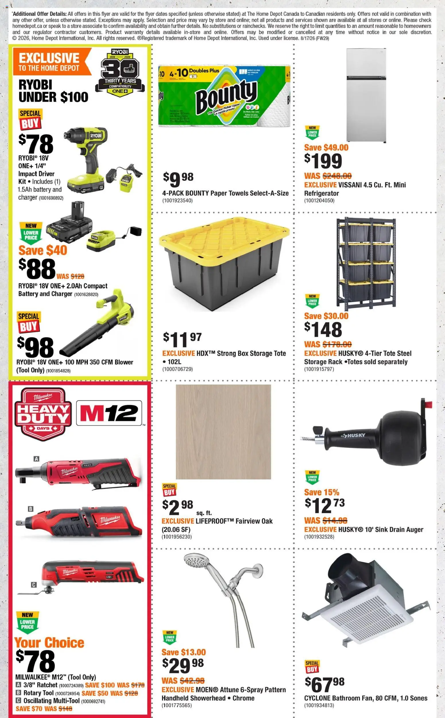 Home Depot flyer valid from Aug 20, 2026 | Page: 2 | Products: Paper towels, Ryobi, Box, Battery