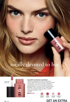 Preview of fmg LOVE True Devotion Liquid Blush, Hydrating lightweight formula with blueberry extract melts effortlessly into skin, leaving a radiant looking glow. Just a dot is all that's needed for a beautifully fresh and multi-dimensional blush look. Buildable creamy coverage with a subtle pearly finish. Formulated without parabens, sulfates, phthalates and talc. 4.7 ml from shop Avon valid from 04.06.2026 | Page: 78 | Products: Blush