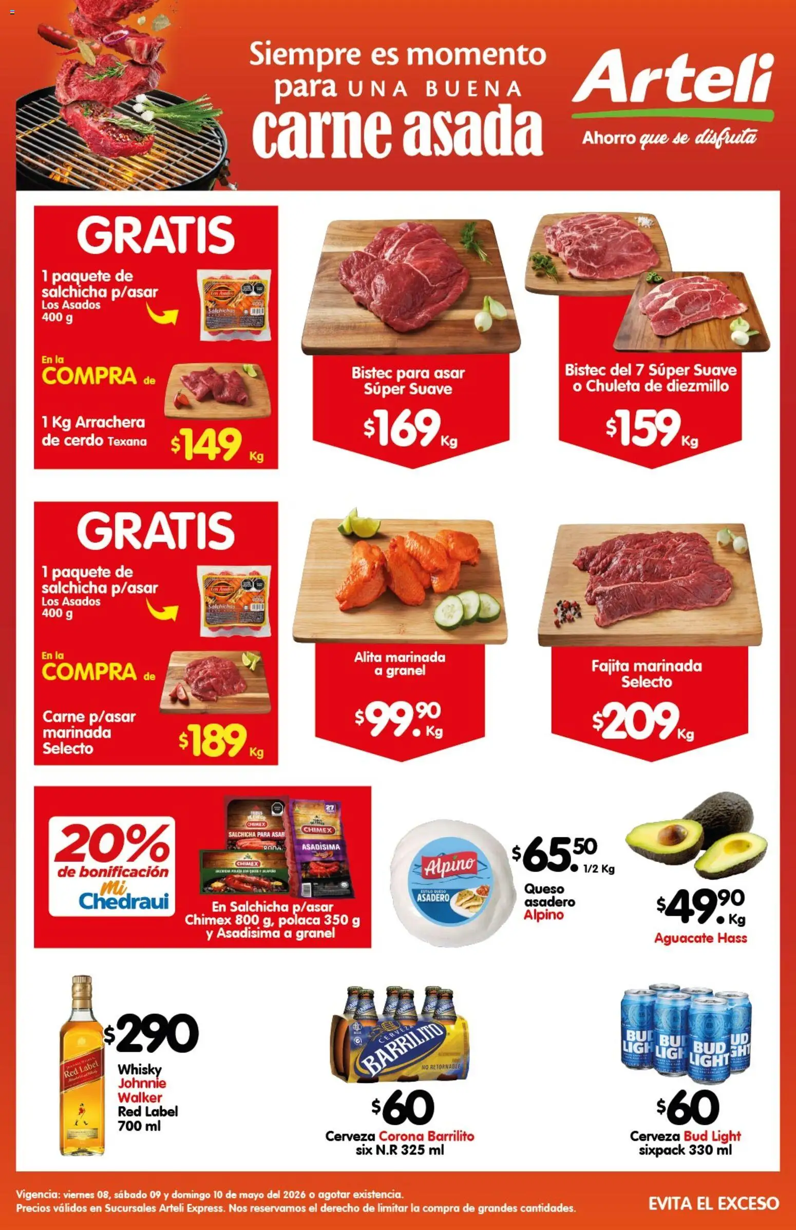 Nuevas ofertas de Arteli válidas en toda la República Mexicana desde el 08.05.2026. ¡Encuentra las mejores ofertas en Arteli folleto Carne Express! | Página: 1 | Productos: Queso, Cerveza, Cerdo, Whisky