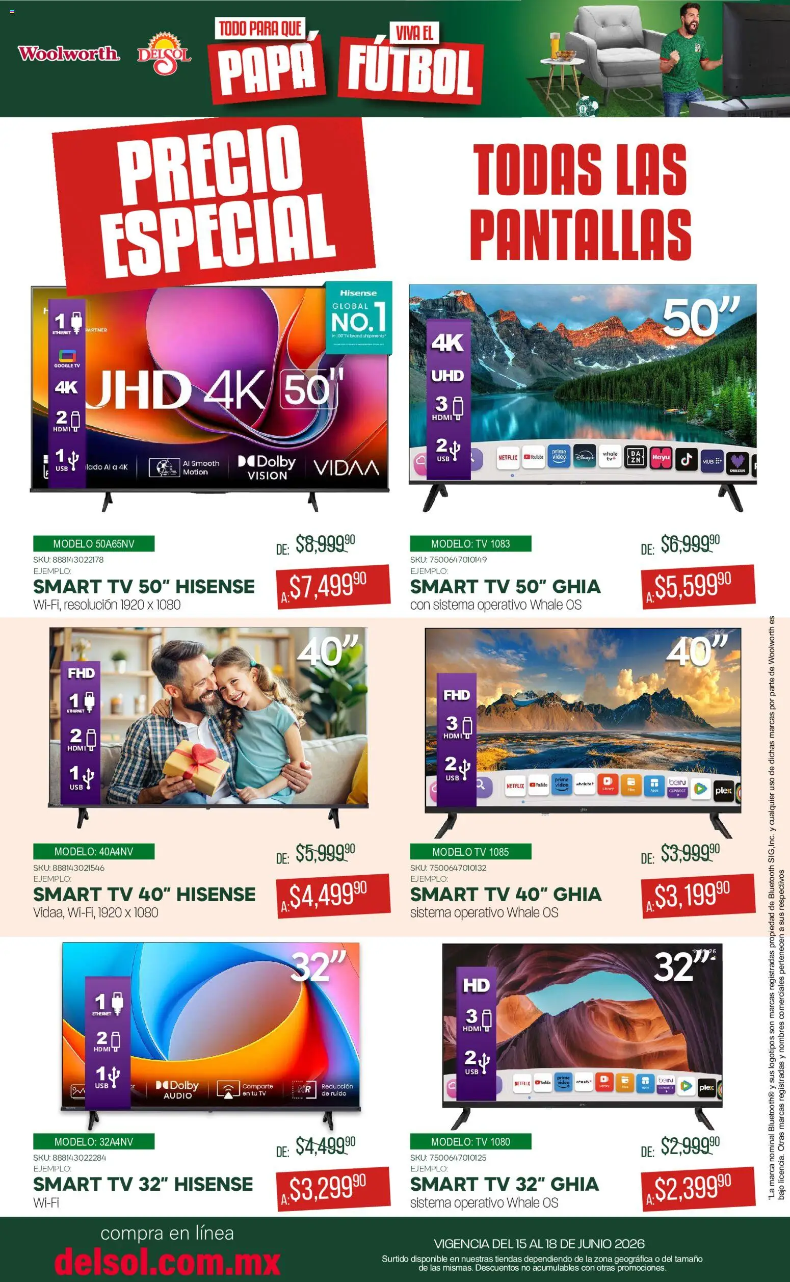 Nuevas ofertas de Del Sol y Woolworth válidas en toda la República Mexicana desde el 15.06.2026. ¡Encuentra las mejores ofertas en Del Sol y Woolworth catálogo! | Página: 4 | Productos: Usb, Pantallas, Audio, Video