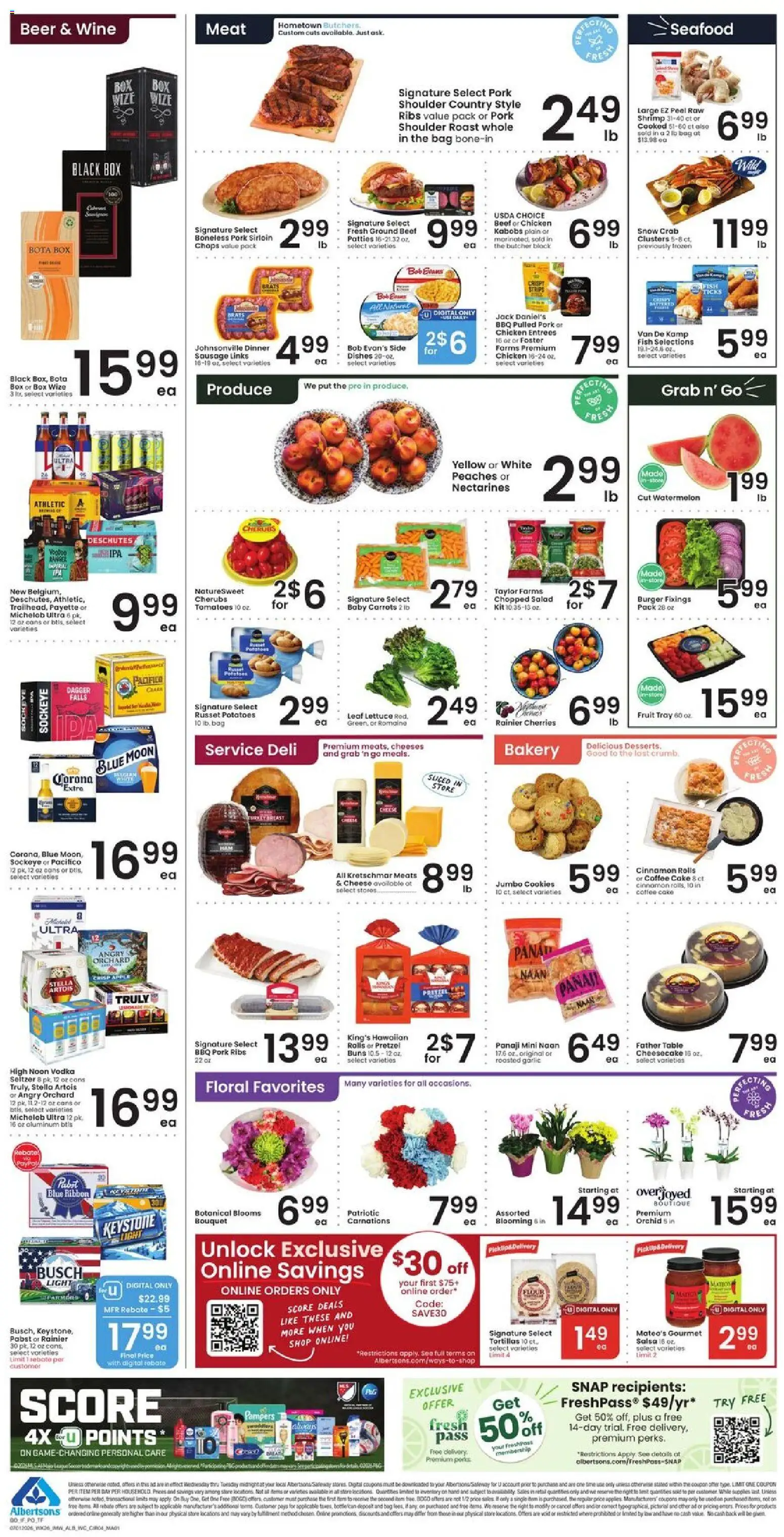 Albertsons Weekly Ad - valid from 07/01/2026 | Page: 5 | Products: Peaches, Wine, Salad, Watermelon