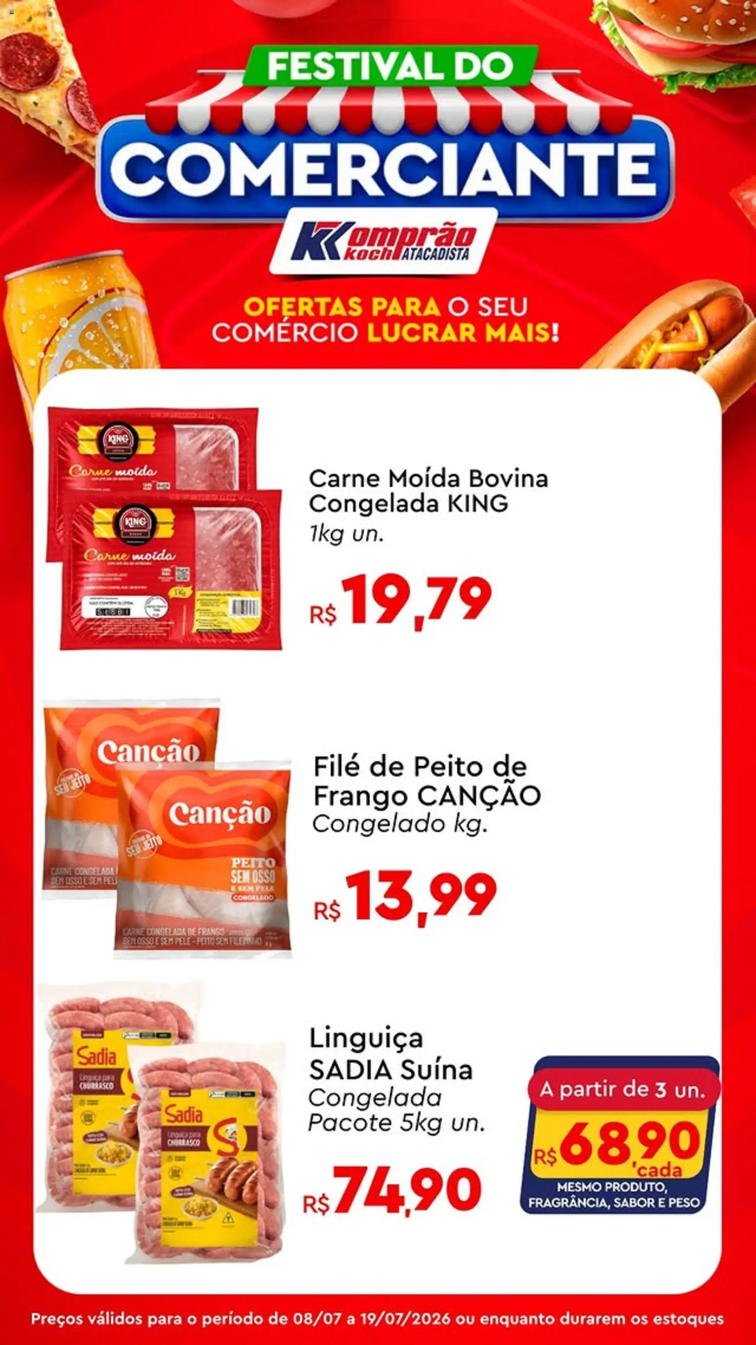 Komprao Atacadista Folheto - válido de 08/07/2026 | Página: 1 | Produtos: Linguiça, Carne, Frango, Carne moída