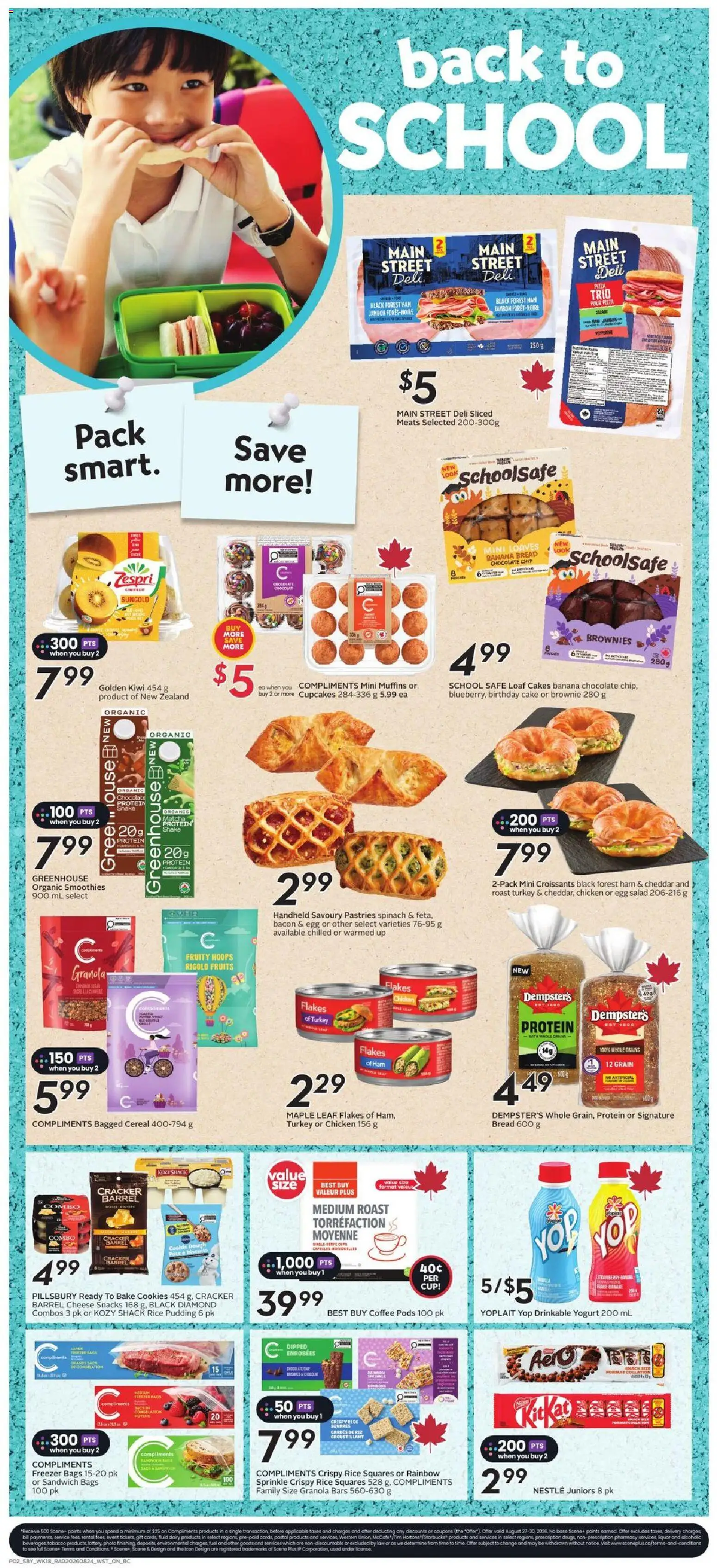 Safeway flyer valid from Aug 27, 2026 | Page: 5 | Products: Spinach, Cheddar, Rice pudding, Bread