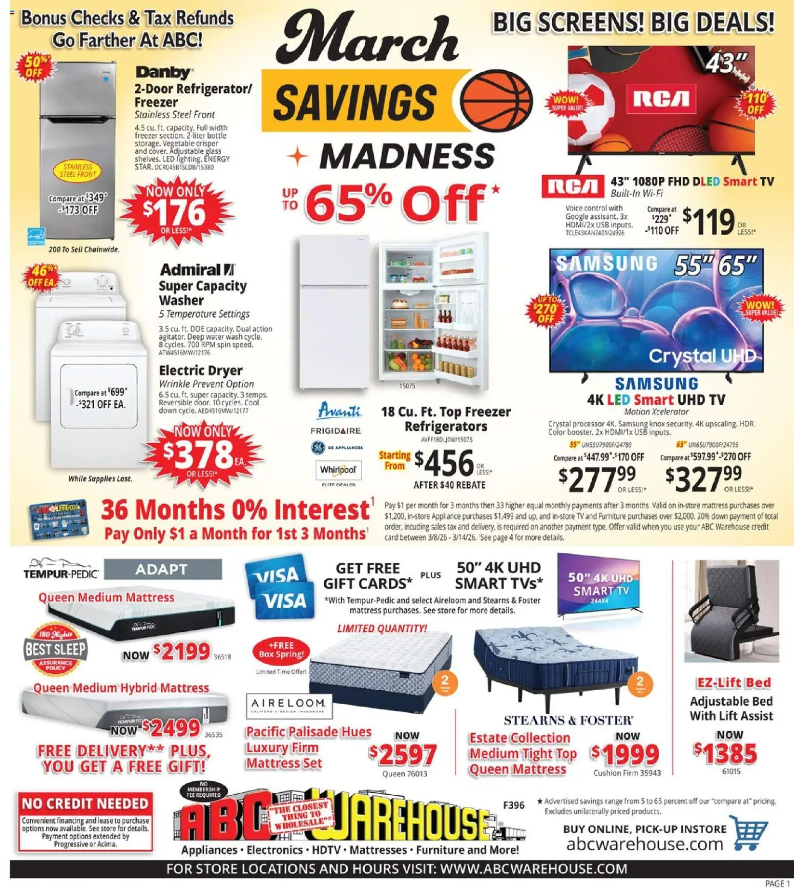 ABC Warehouse Weekly Ad - valid from 08.03.2026 | Page: 1 | Products: Water, Tv, Washer, Freezer