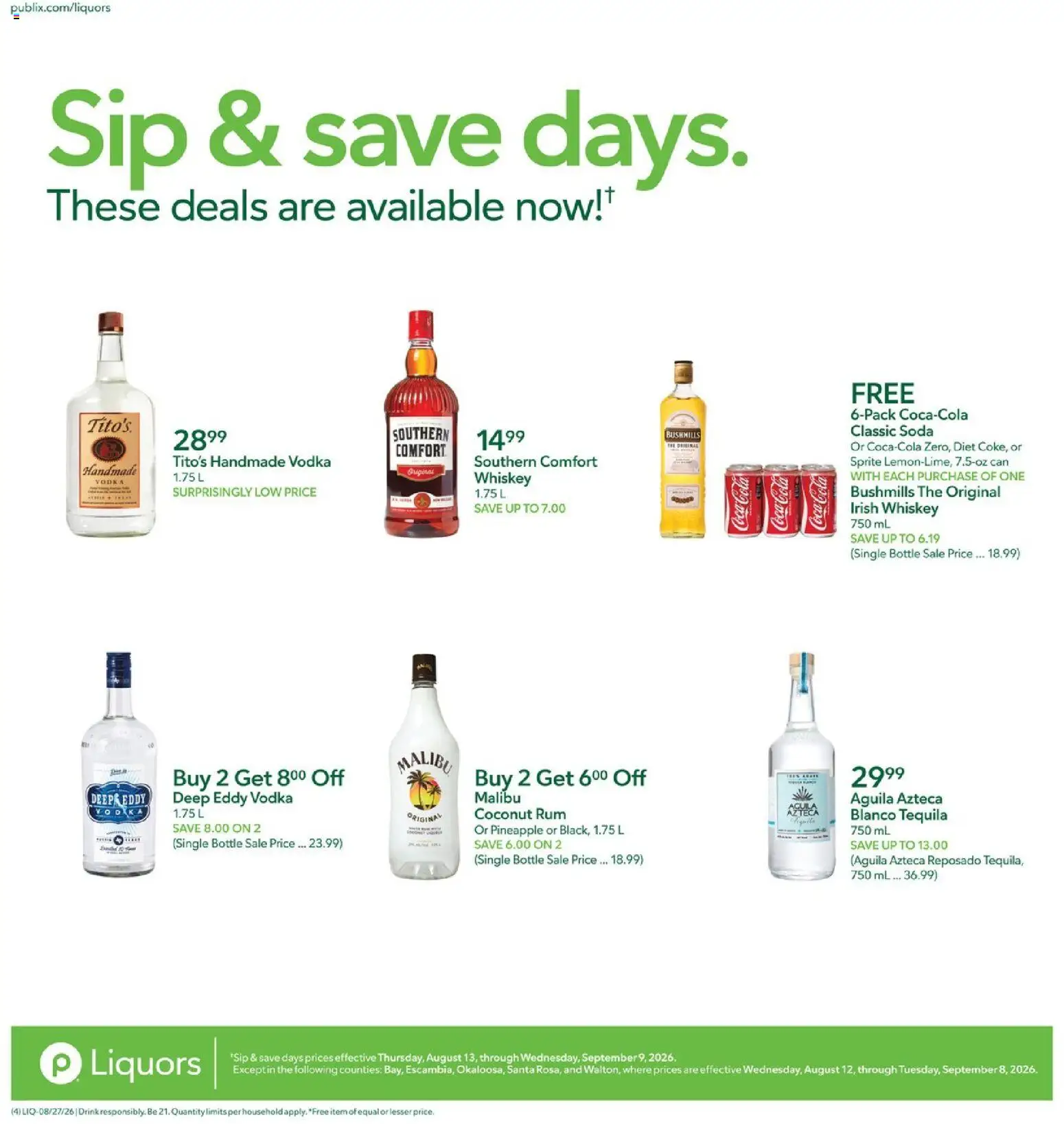 Publix Liquor Ad - valid from 08/27/2026 | Page: 4 | Products: Irish whiskey, Tequila, Pineapple, Rum