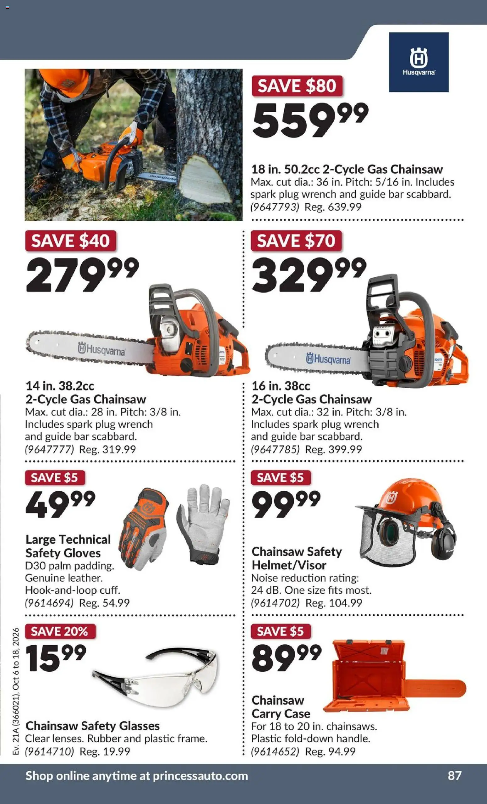 Princess Auto flyer valid from Oct 6, 2026 | Page: 95 | Products: Gloves, Glasses, Case, Chainsaw