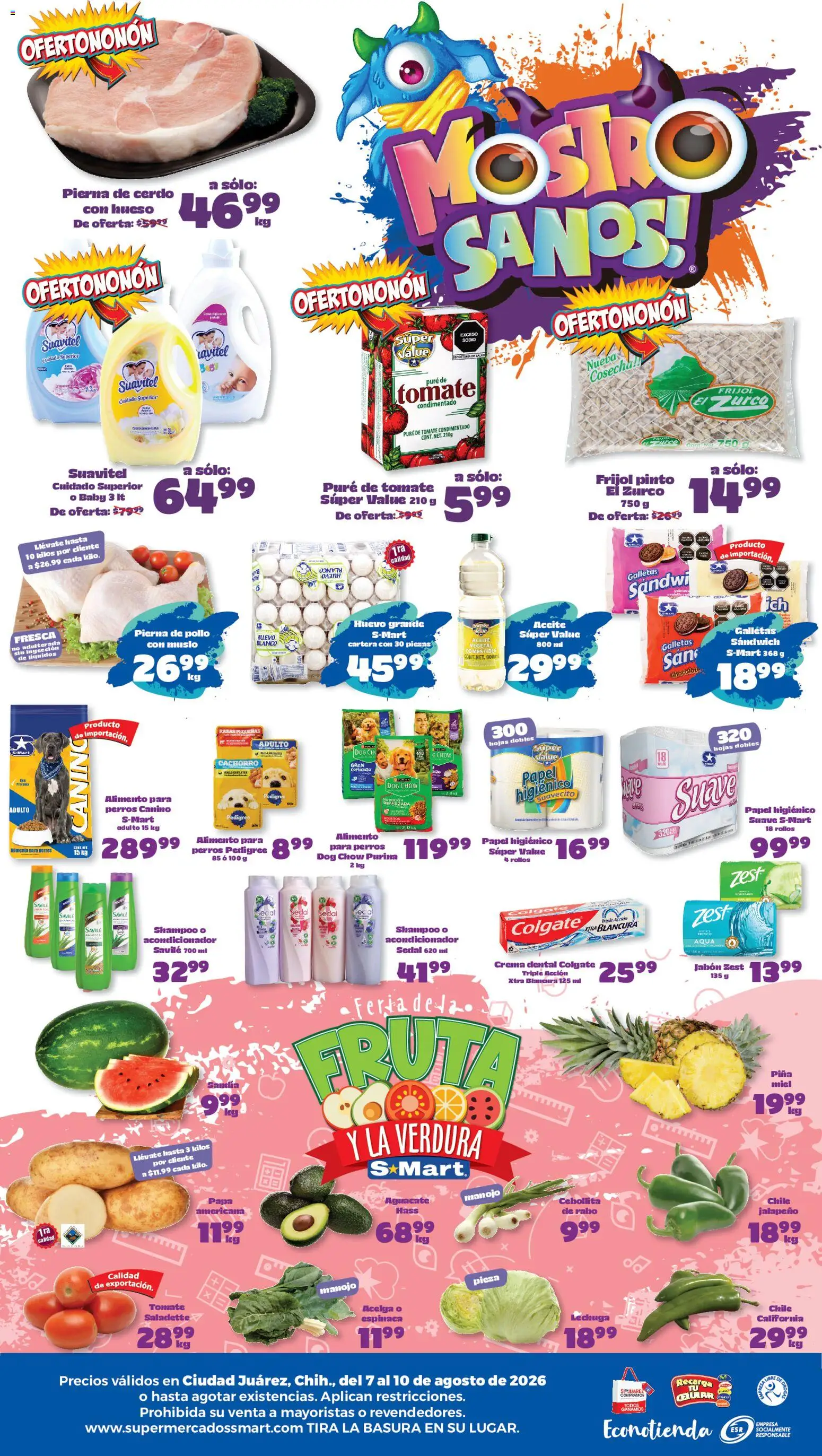 Nuevas ofertas de S-Mart válidas en toda la República Mexicana desde el 07/08/2026. ¡Encuentra las mejores ofertas en S-Mart folleto Juárez! | Página: 2 | Productos: Acelga, Cerdo, Piña, Espinaca