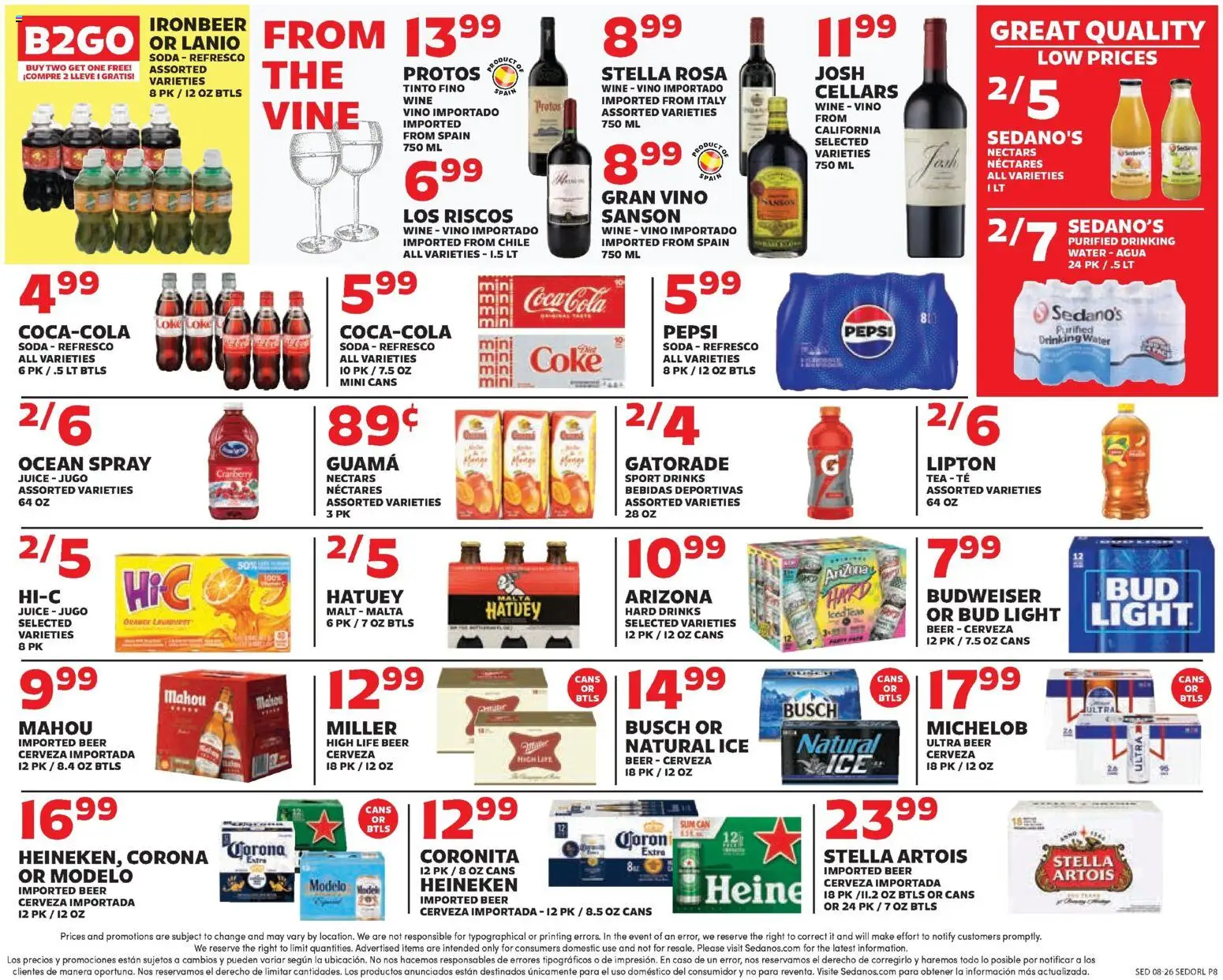 Sedano's Weekly Ad - valid from 08/26/2026 | Page: 8 | Products: Wine, Beer, Heineken, Pepsi