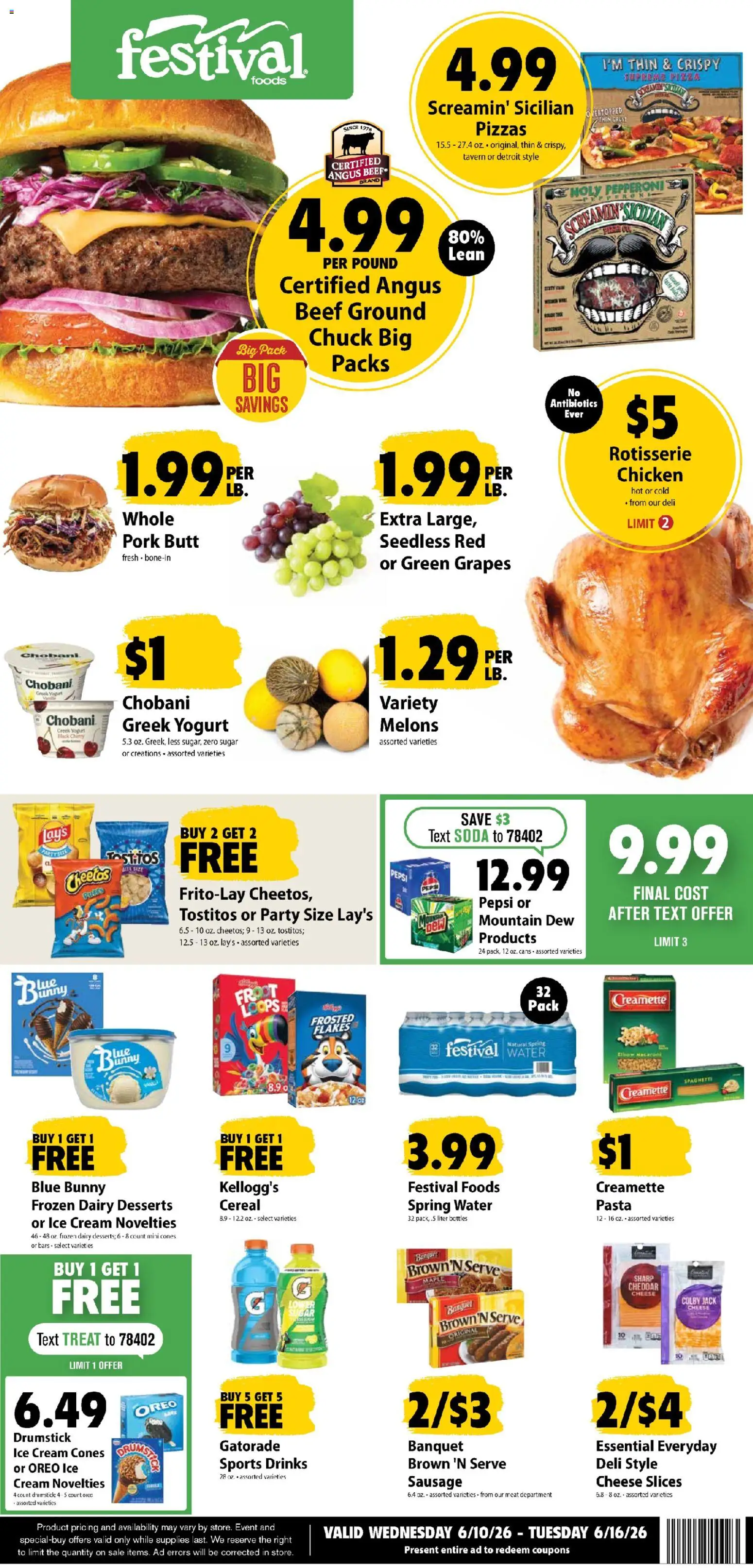 Festival Foods Weekly Ad - valid from 10.06.2026 | Page: 1 | Products: Pizza, Beef, Pasta, Grapes