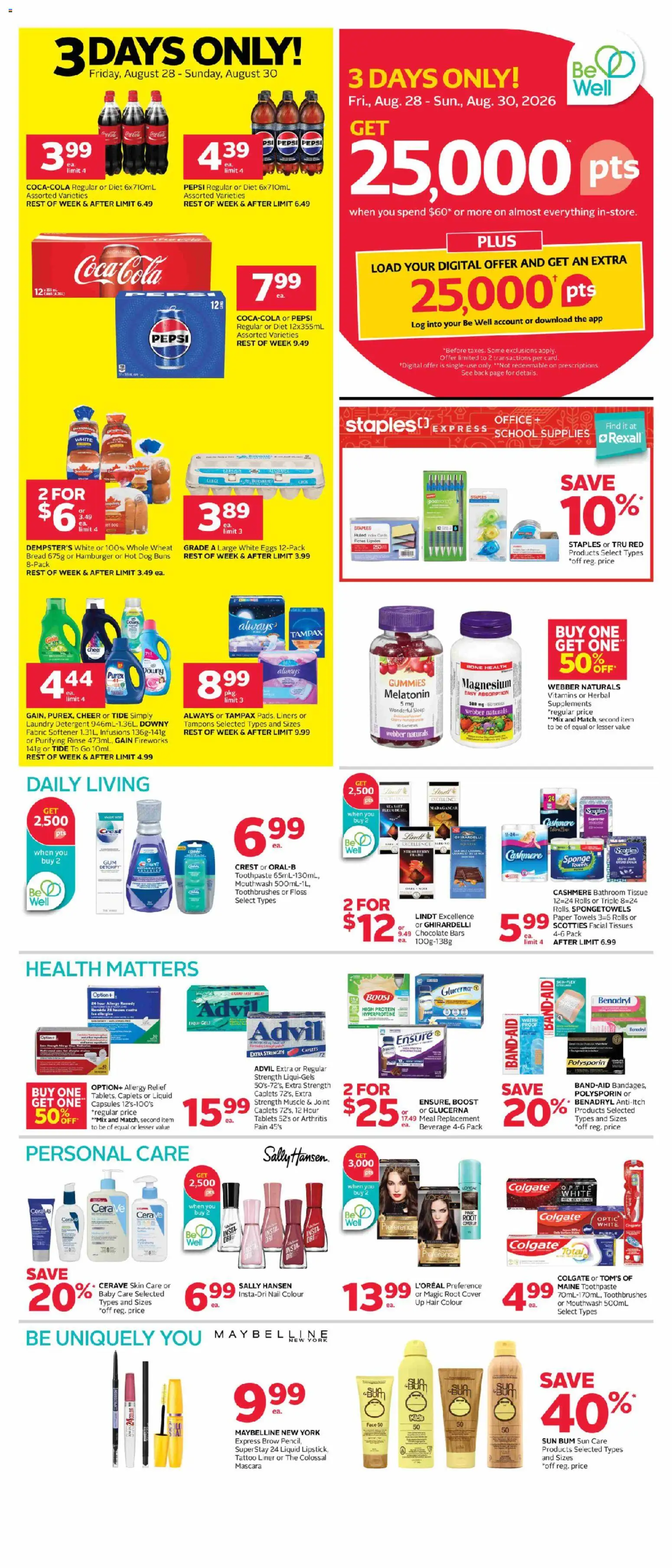Rexall flyer valid from Aug 28, 2026 | Page: 3 | Products: Lindt, Pepsi, Sponge, Towels