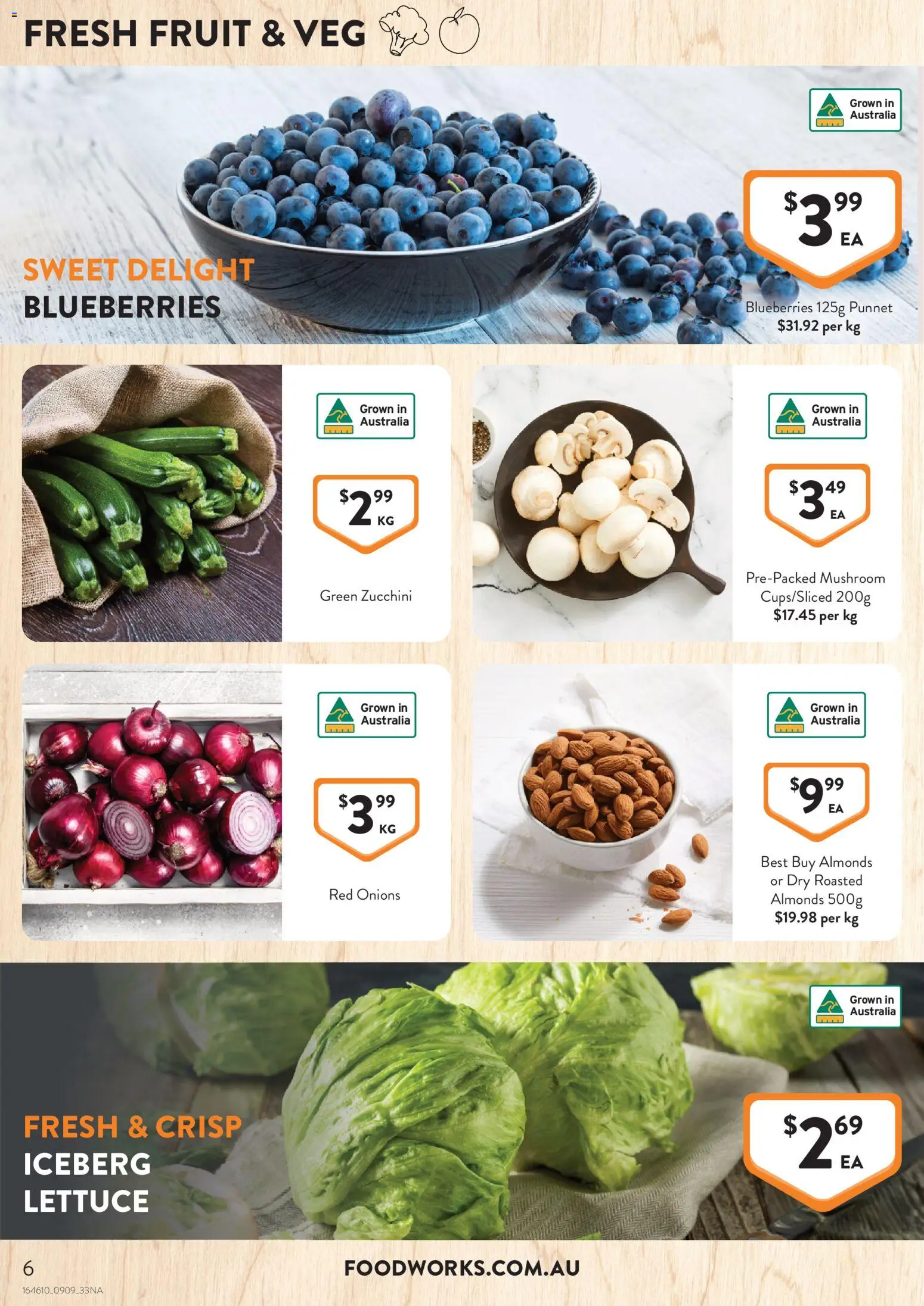 Foodworks catalogue - valid from 09/09/2026 | Page: 6 | Products: Roasted almonds, Onions, Zucchini, Blueberries