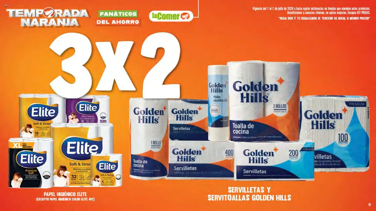 Nuevas ofertas de La Comer válidas en toda la República Mexicana desde el 01/07/2026. ¡Encuentra las mejores ofertas en La Comer folleto! | Página: 17 | Productos: Papel higiénico, Cocina, Té, Servilletas