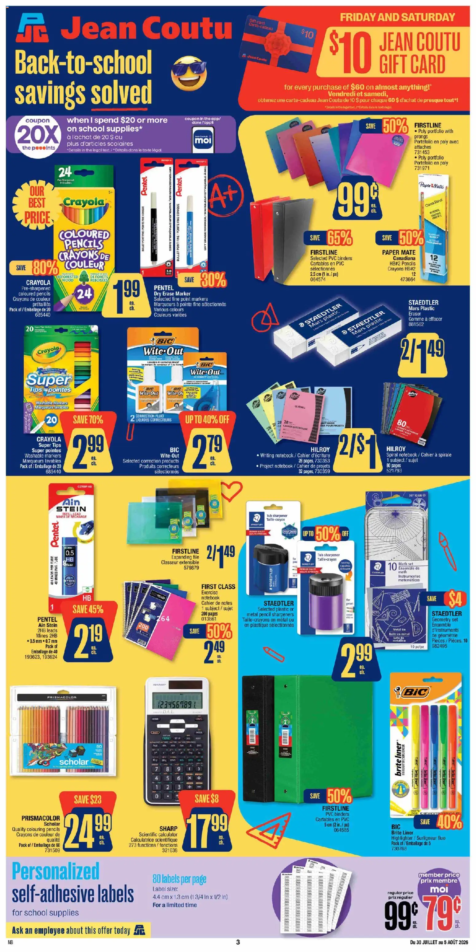 Jean Coutu flyer valid from Jul 30, 2026 | Page: 1 | Products: Notebook, Calculator, Highlighter