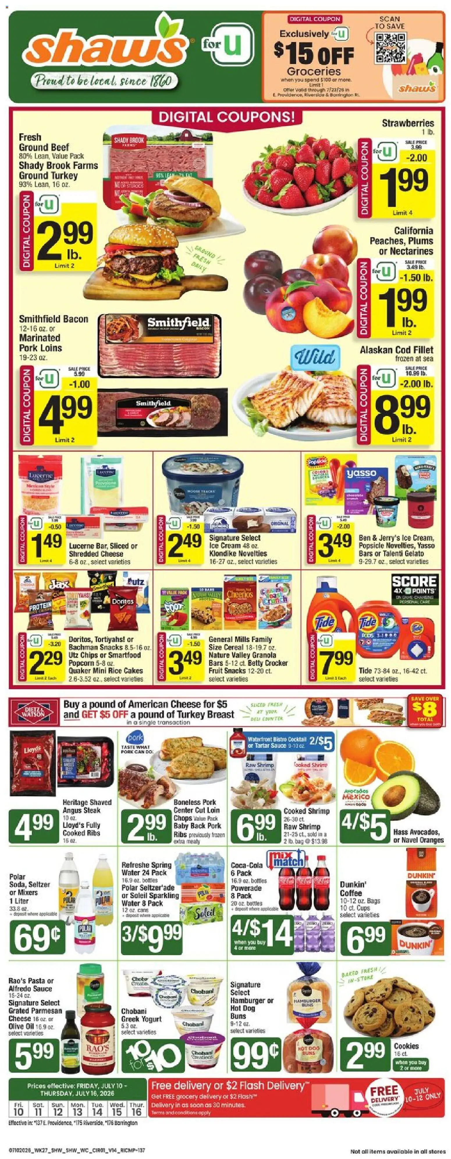 Shaw's Weekly Ad - RI - valid from 07/10/2026 | Page: 1 | Products: Coffee, Oranges, Pasta, Ice cream