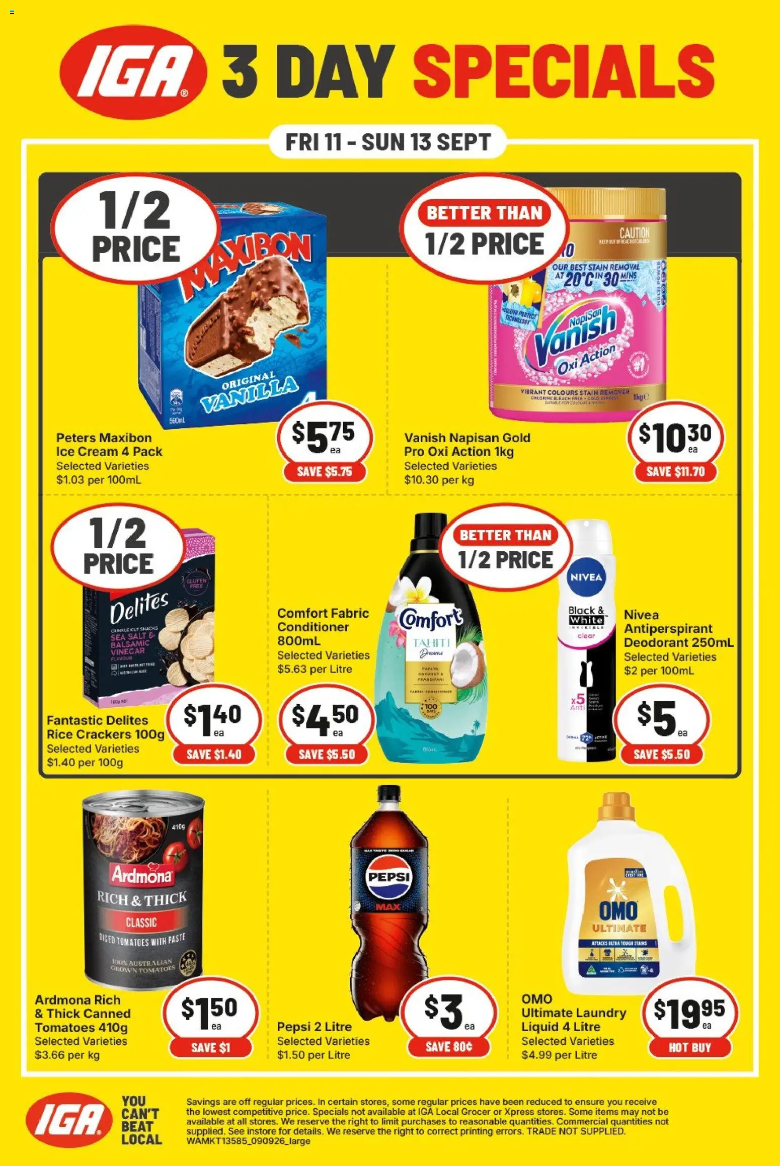 IGA catalogue - valid from 11/09/2026 | Page: 1 | Products: Deodorant, Pepsi, Cream, Vanilla