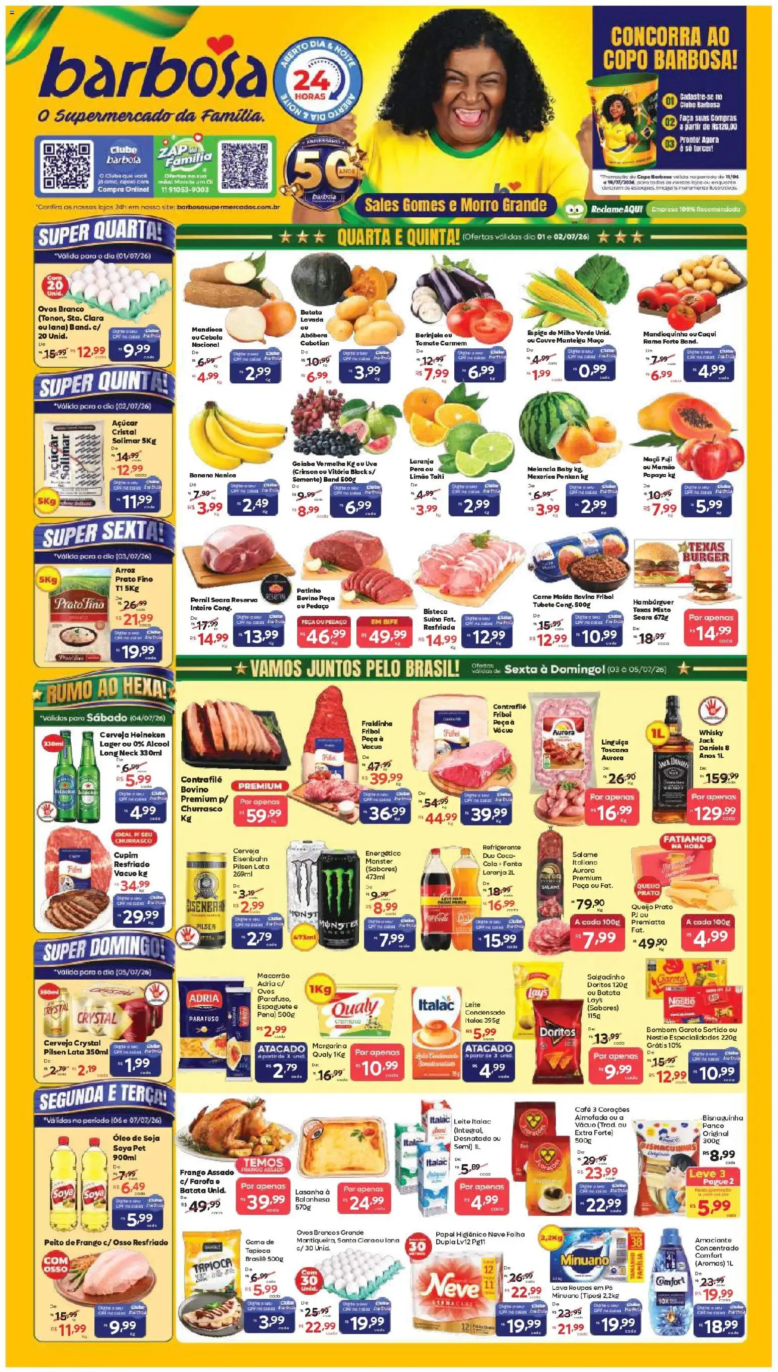 Barbosa Supermercados Folheto - válido de 01/07/2026 | Página: 1 | Produtos: Mandioquinha, Fraldinha, Roupas, Papel higiênico