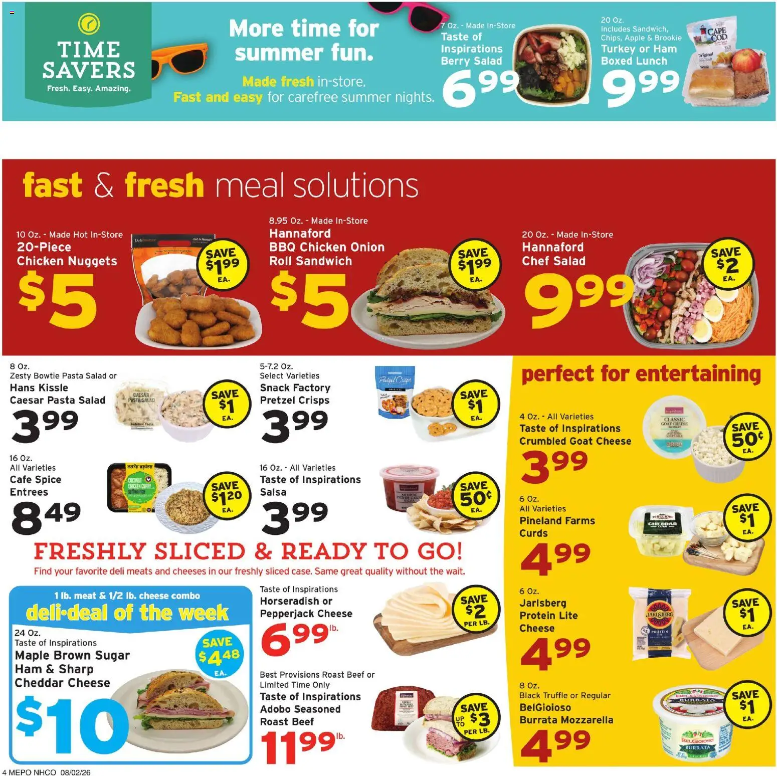 Hannaford Weekly Flyer - valid from 08/02/2026 | Page: 4 | Products: Cheese, Beef, Pasta, Salad