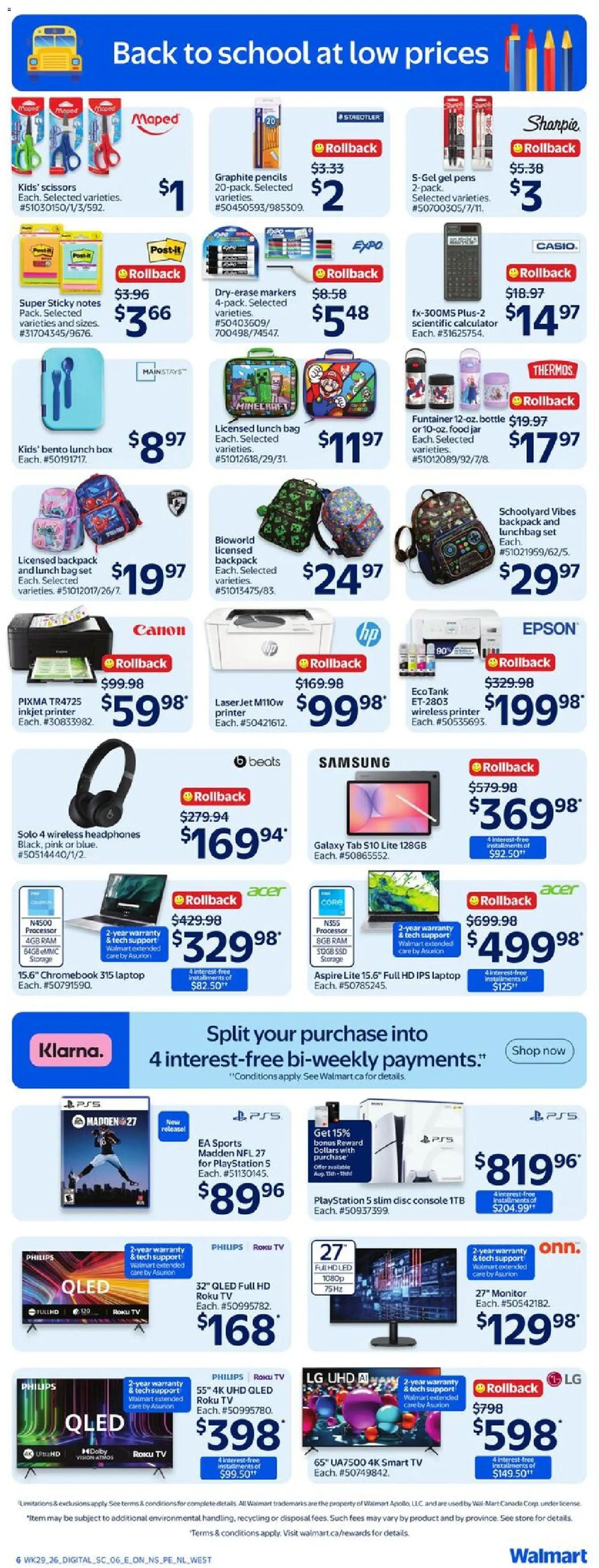 Walmart flyer valid from Aug 13, 2026 | Page: 8 | Products: Wireless headphones, Monitor, Tv, Bag