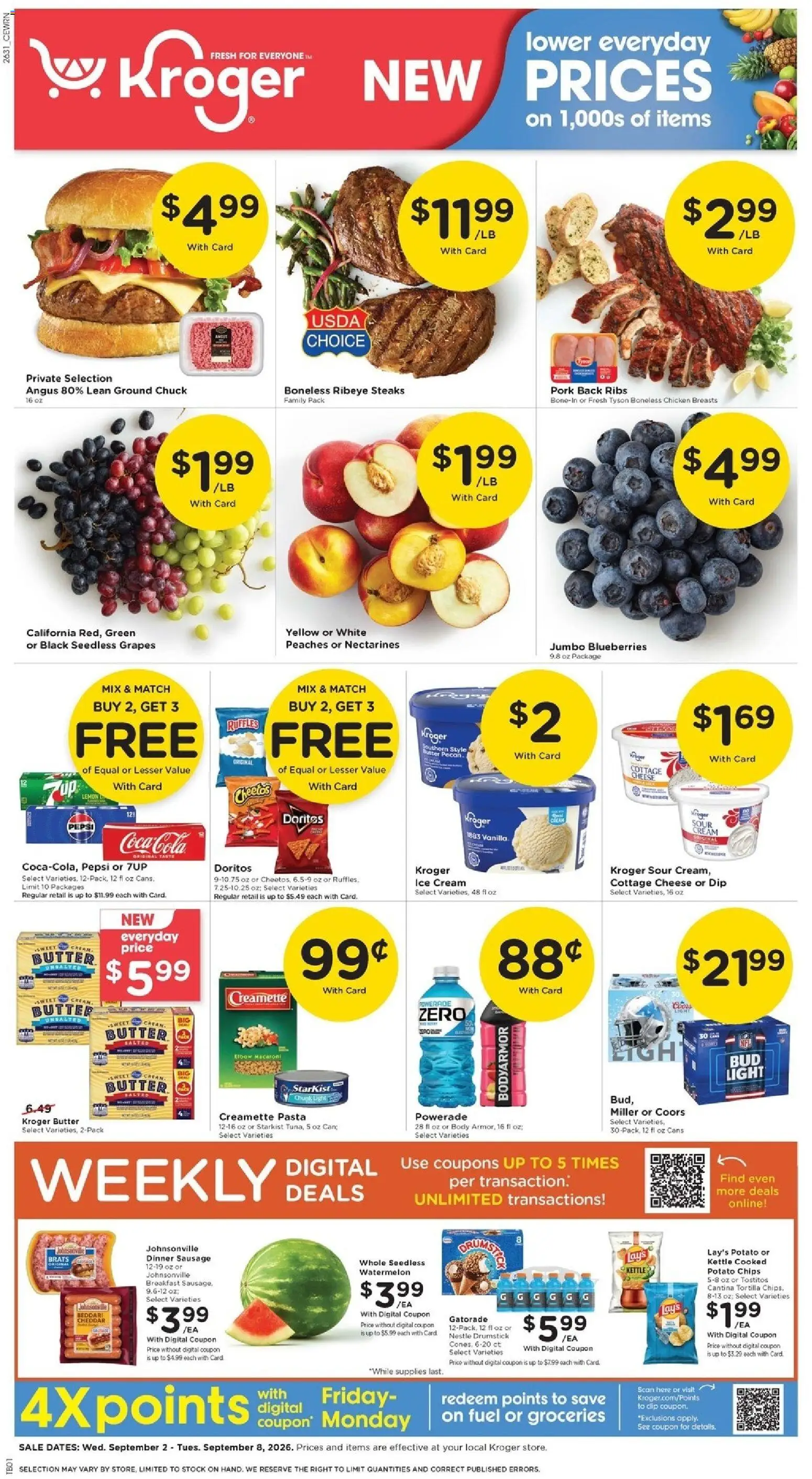 Kroger Weekly Ad - valid from 09/02/2026 | Page: 1 | Products: Butter, Cheese, Cottage cheese, Sausage
