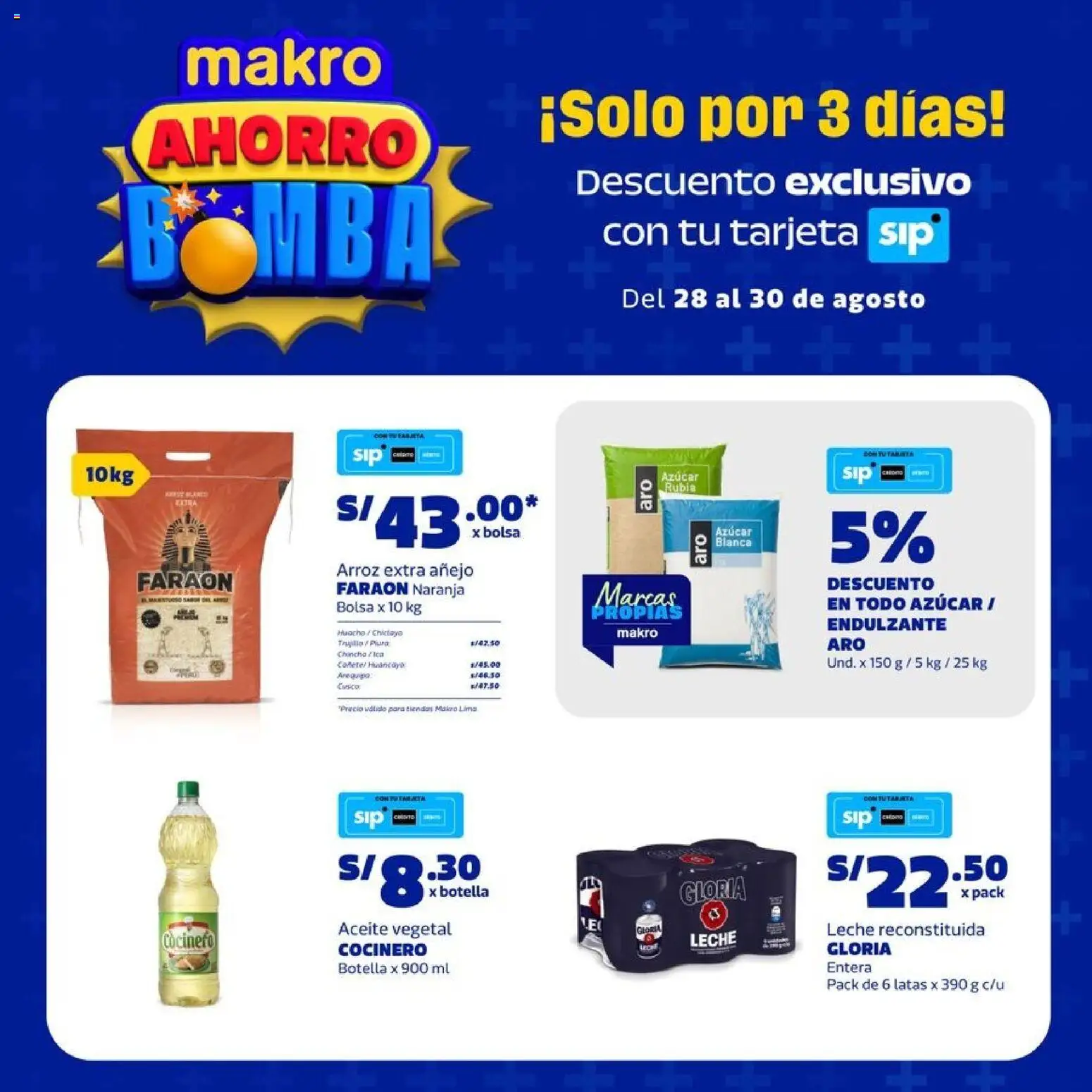 Catálogo Makro válido desde 28/08/2026 | Página: 1 | Productos: Leche, Aceite, Bolsa, Azúcar