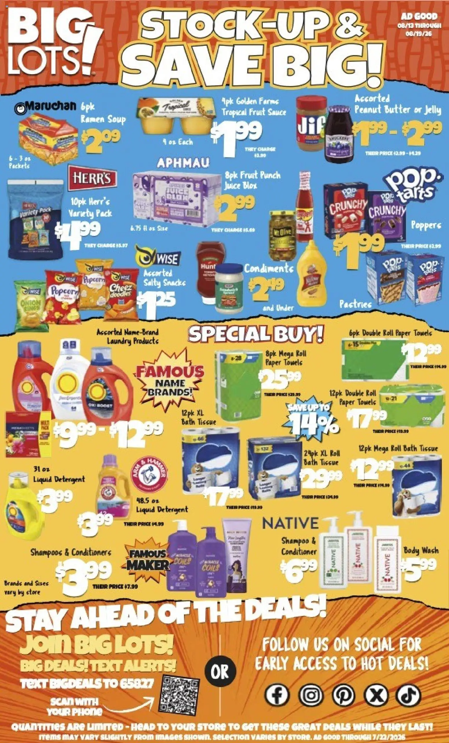 Big Lots Weekly Ad - valid from 08/13/2026 | Page: 1 | Products: Bath, Popcorn, Conditioner, Detergent