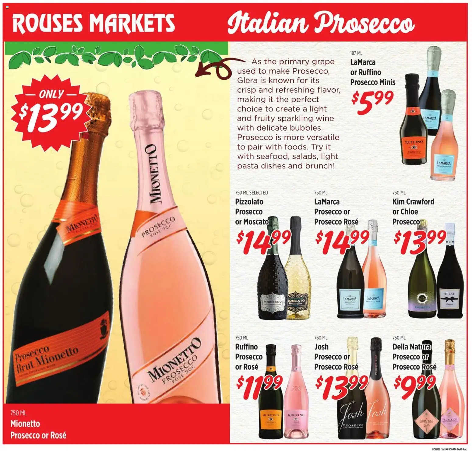 Rouses Monthly Ad - valid from 09/30/2026 | Page: 4 | Products: Wine, Prosecco, Pasta, Mionetto Prosecco