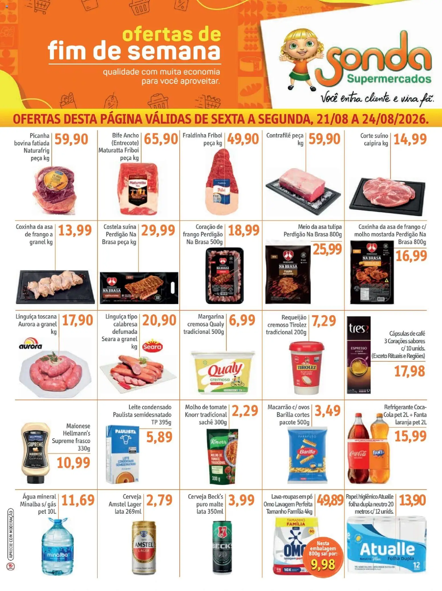 Sonda Folheto - válido de 21/08/2026 | Página: 1 | Produtos: Tomate, Linguiça, Picanha, Macarrão