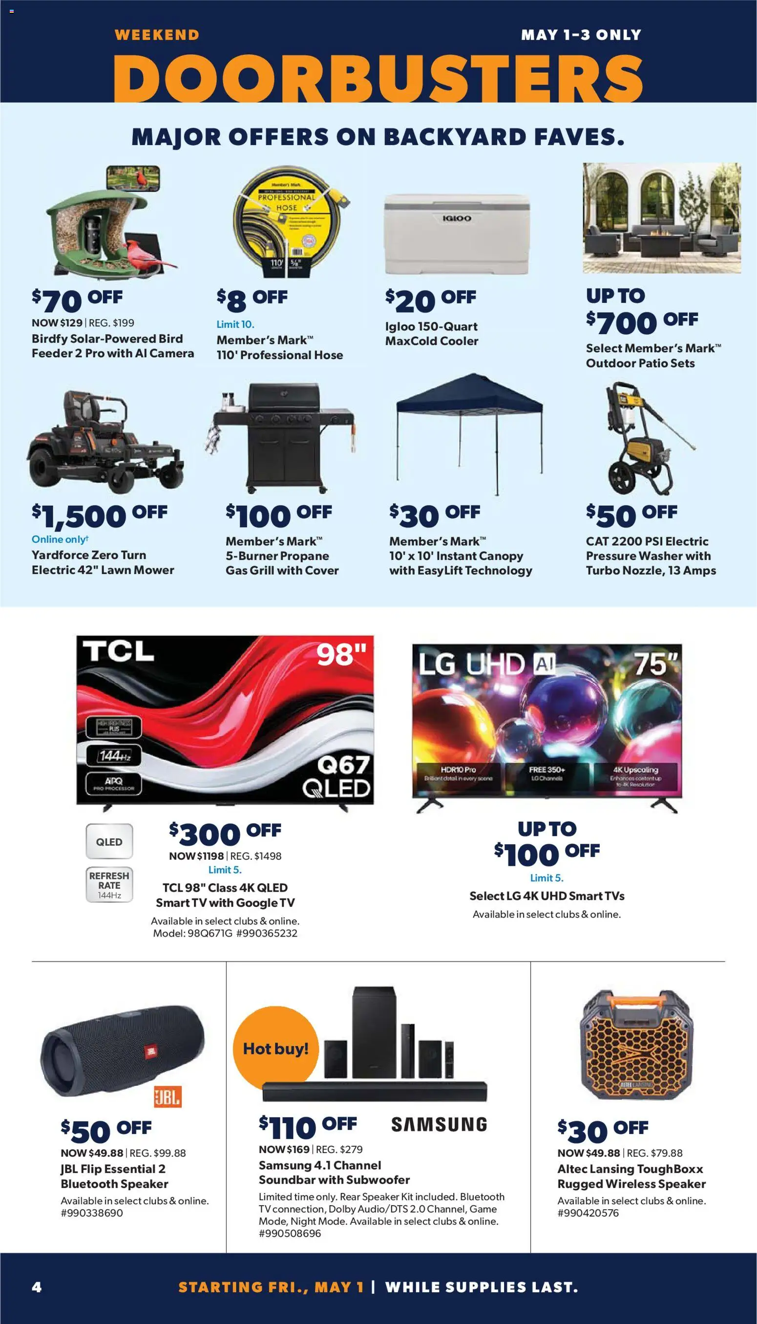 Sam's Club Weekly Ad - valid from 29.04.2026 | Page: 4 | Products: Lawn Mower, Subwoofer, Tv, Camera