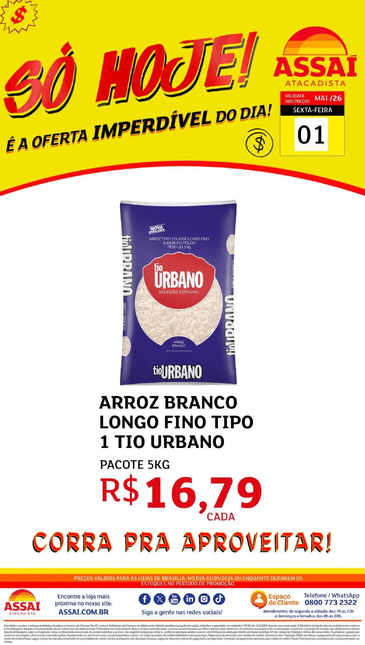 Assaí Atacadista Folheto - válido de 01.05.2026 | Página: 1 | Produtos: Pneus, Arroz, Base, Telefone