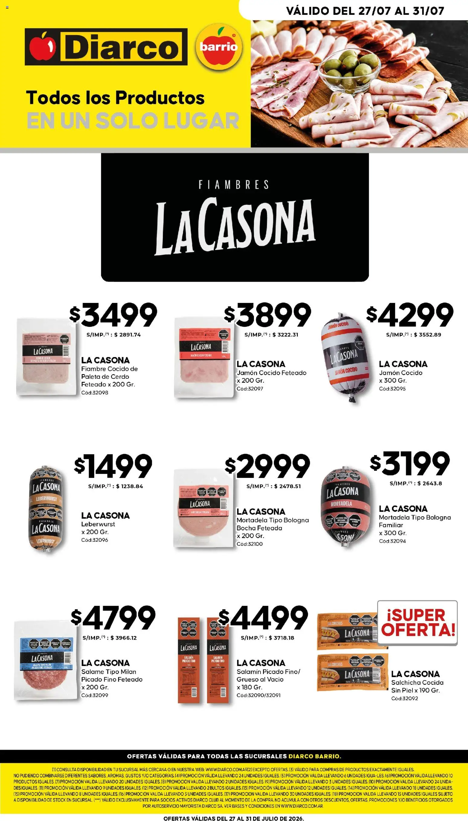 Diarco Especial │ válido desde el 27/07/2026 | Página: 1 | Productos: Salchicha, Paleta, Salame, Cerdo